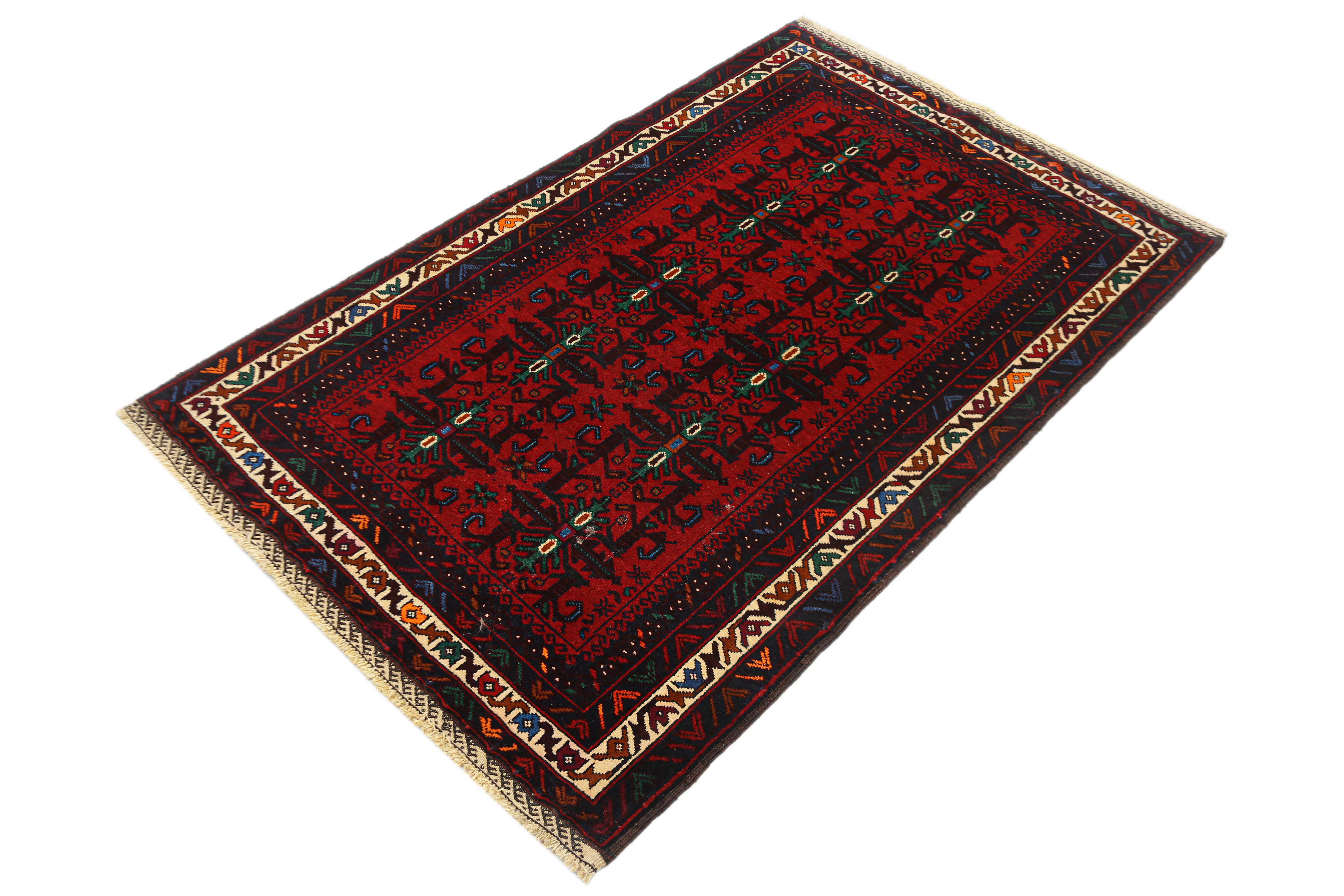 3' X 5'  Red Handmade Adraskan Baluchi Afghan Rug Rectangular