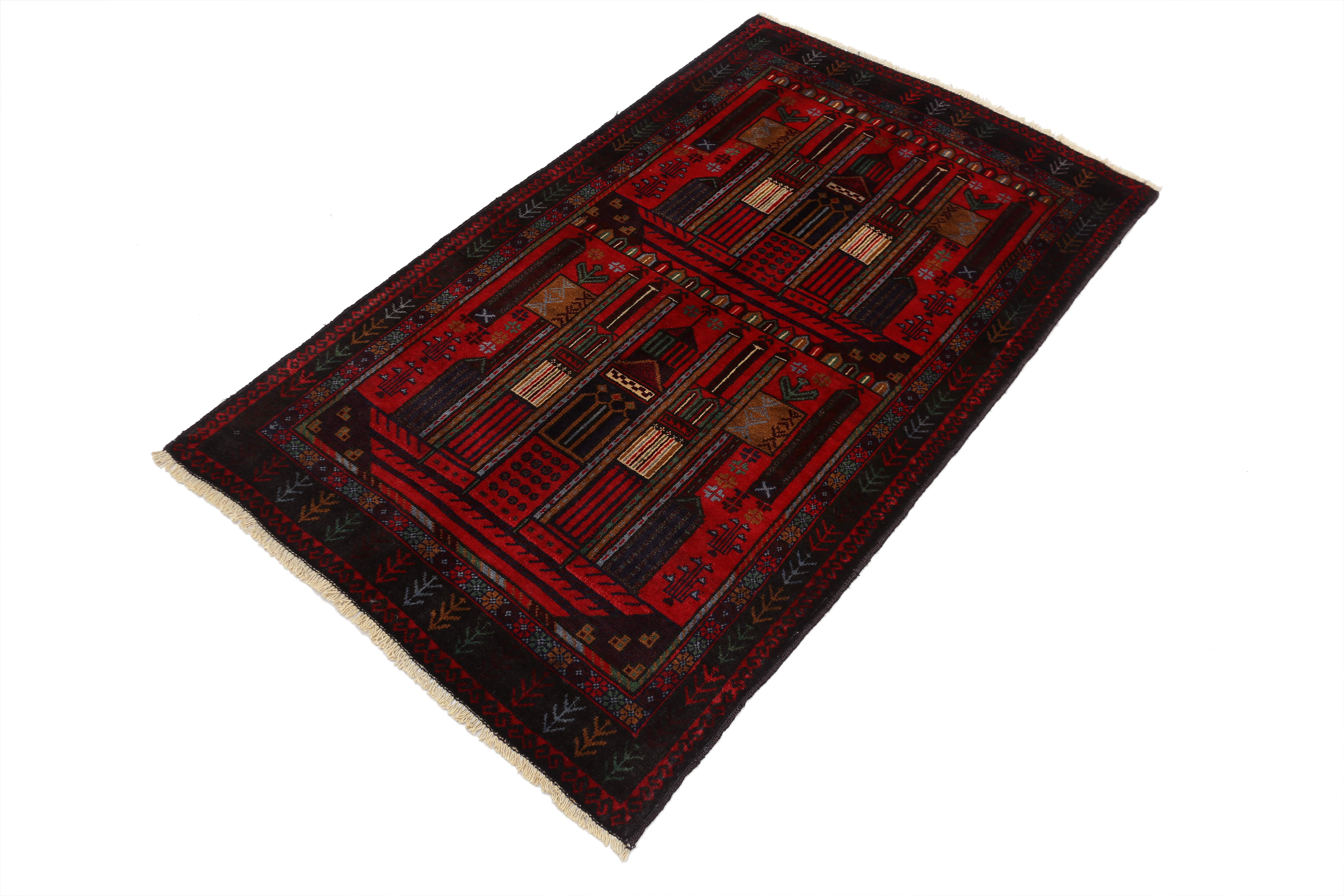 3' x 5'  Red Handmade Adraskan Baluchi Afghan Rug Rectangular