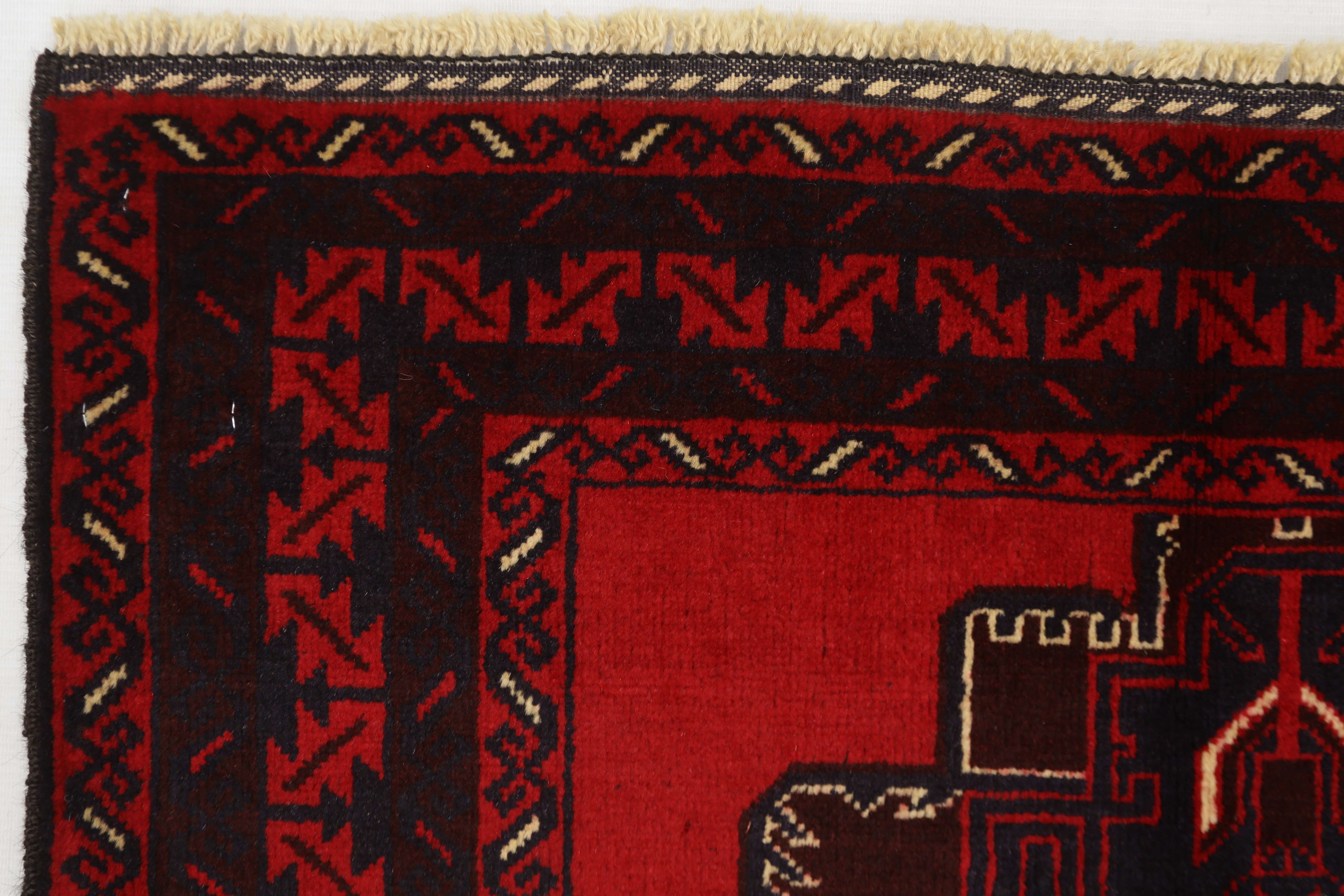 3' X 4'  Red Handmade Adraskan Baluchi Afghan Rug Rectangular