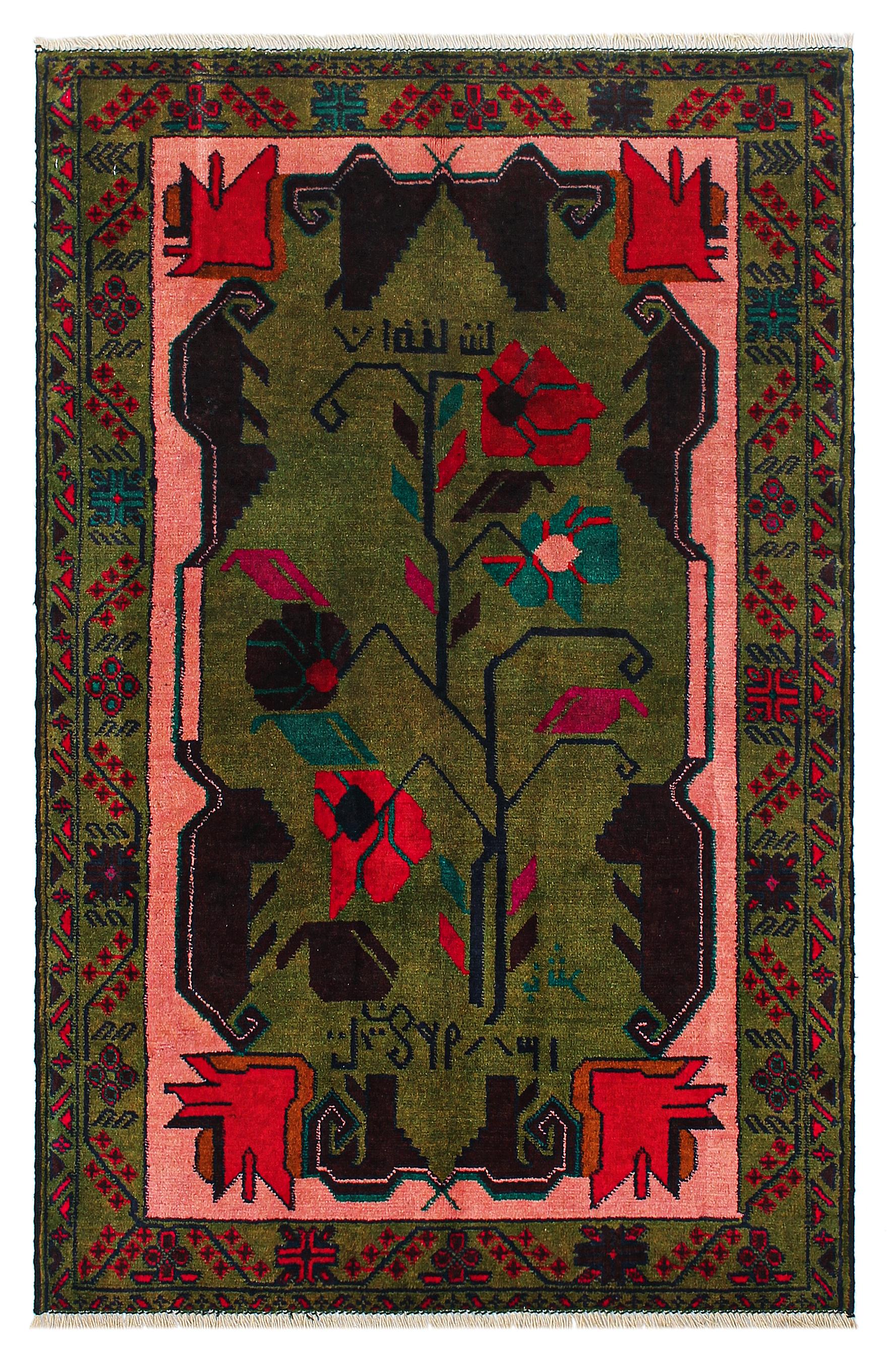 3' x 5'  Green Handmade Adraskan Baluchi Afghan Rug Rectangular