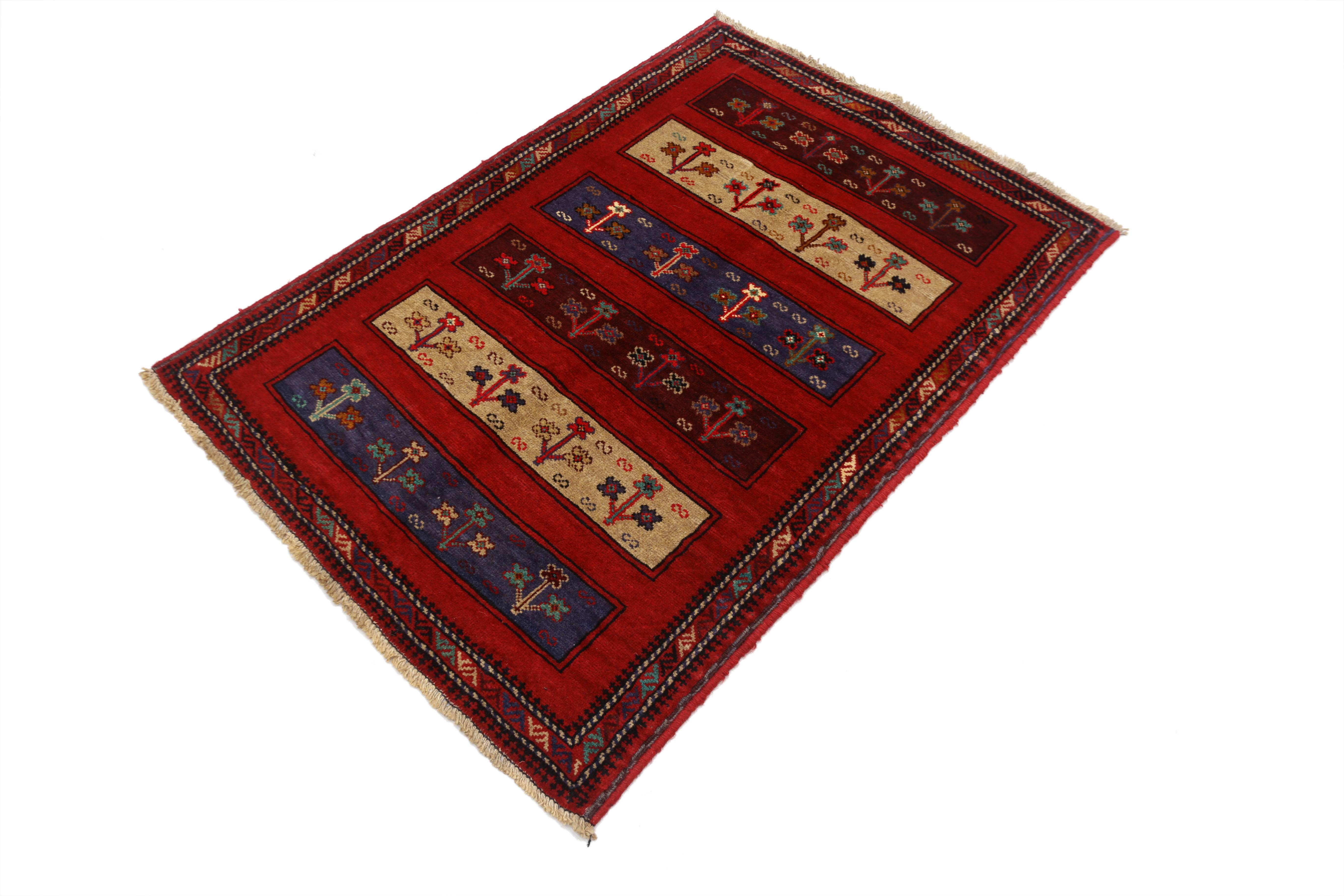 3' X 4'  Red Handmade Adraskan Baluchi Afghan Rug Rectangular
