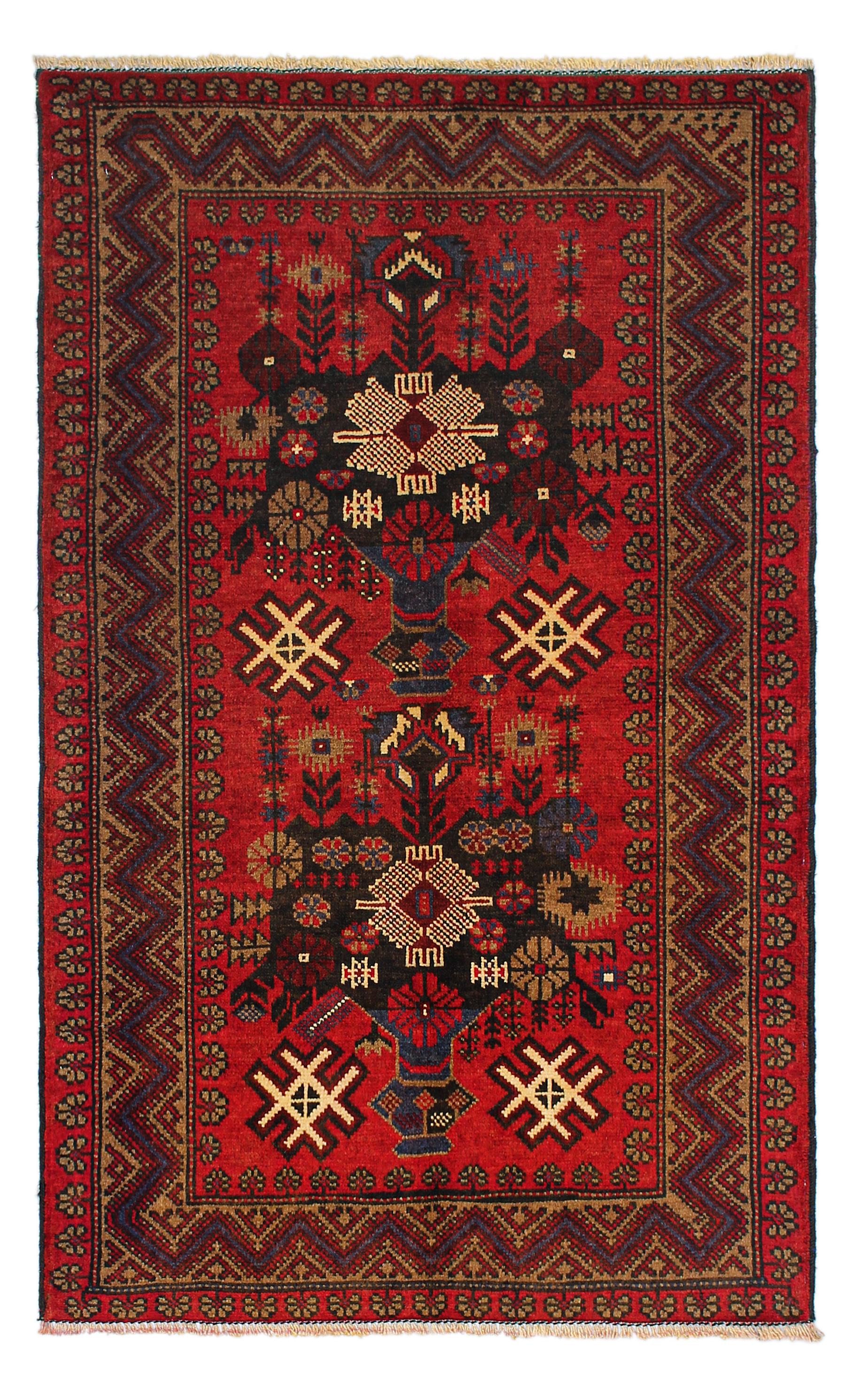 3' X 5'  Red Handmade Adraskan Baluchi Afghan Rug Rectangular