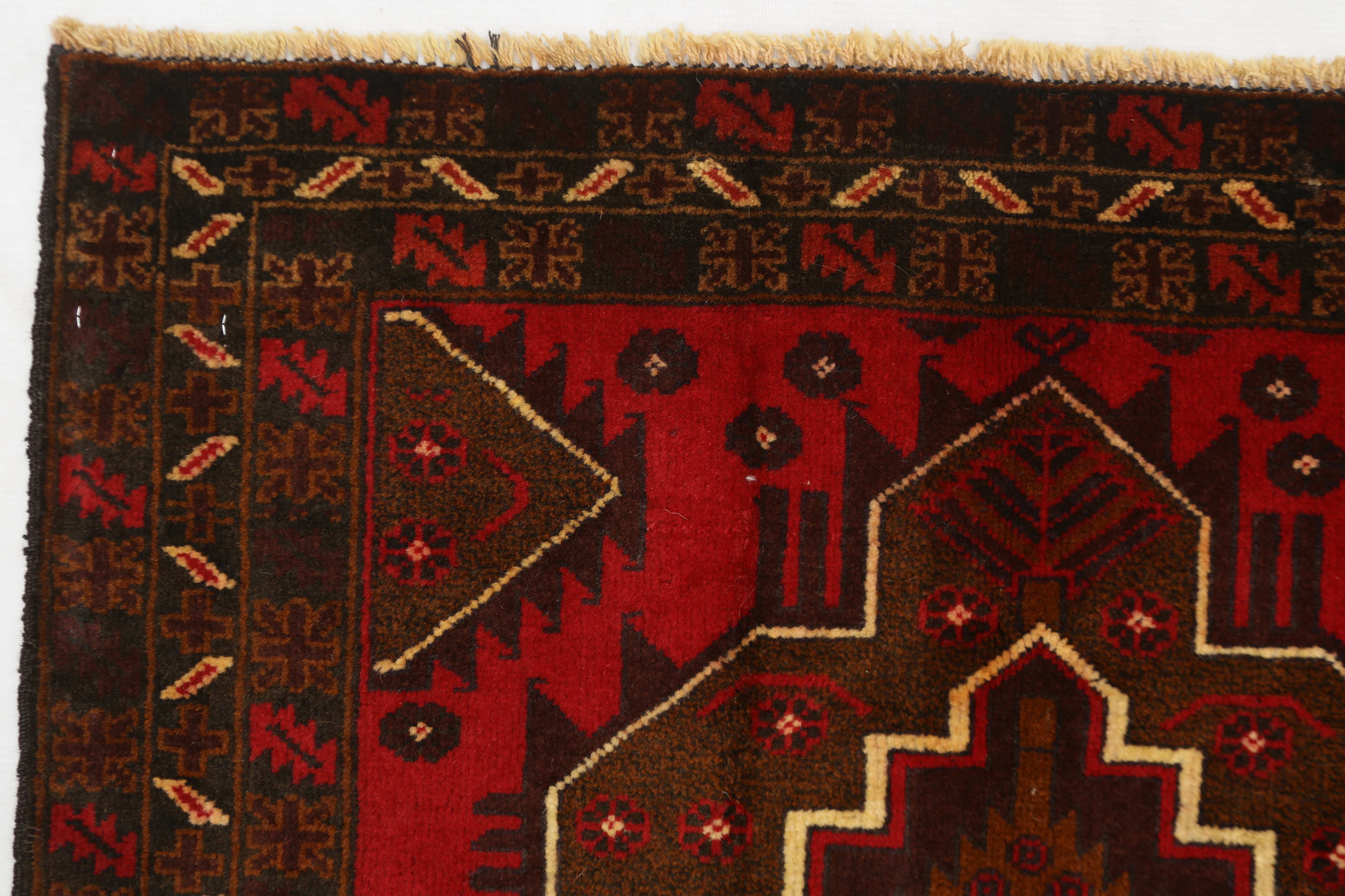 3' X 5'  Red Handmade Adraskan Baluchi Afghan Rug Rectangular