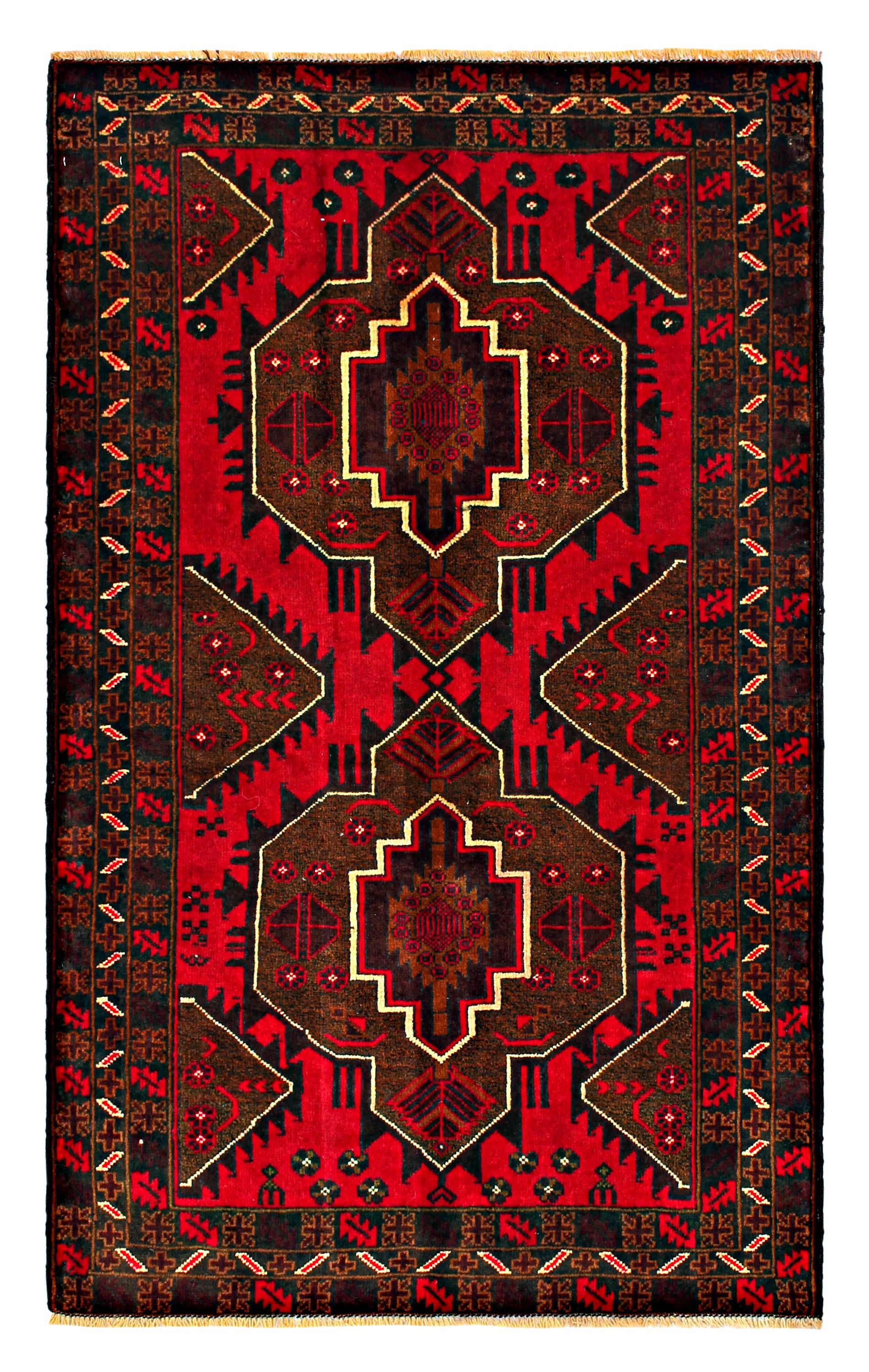 3' X 5'  Red Handmade Adraskan Baluchi Afghan Rug Rectangular