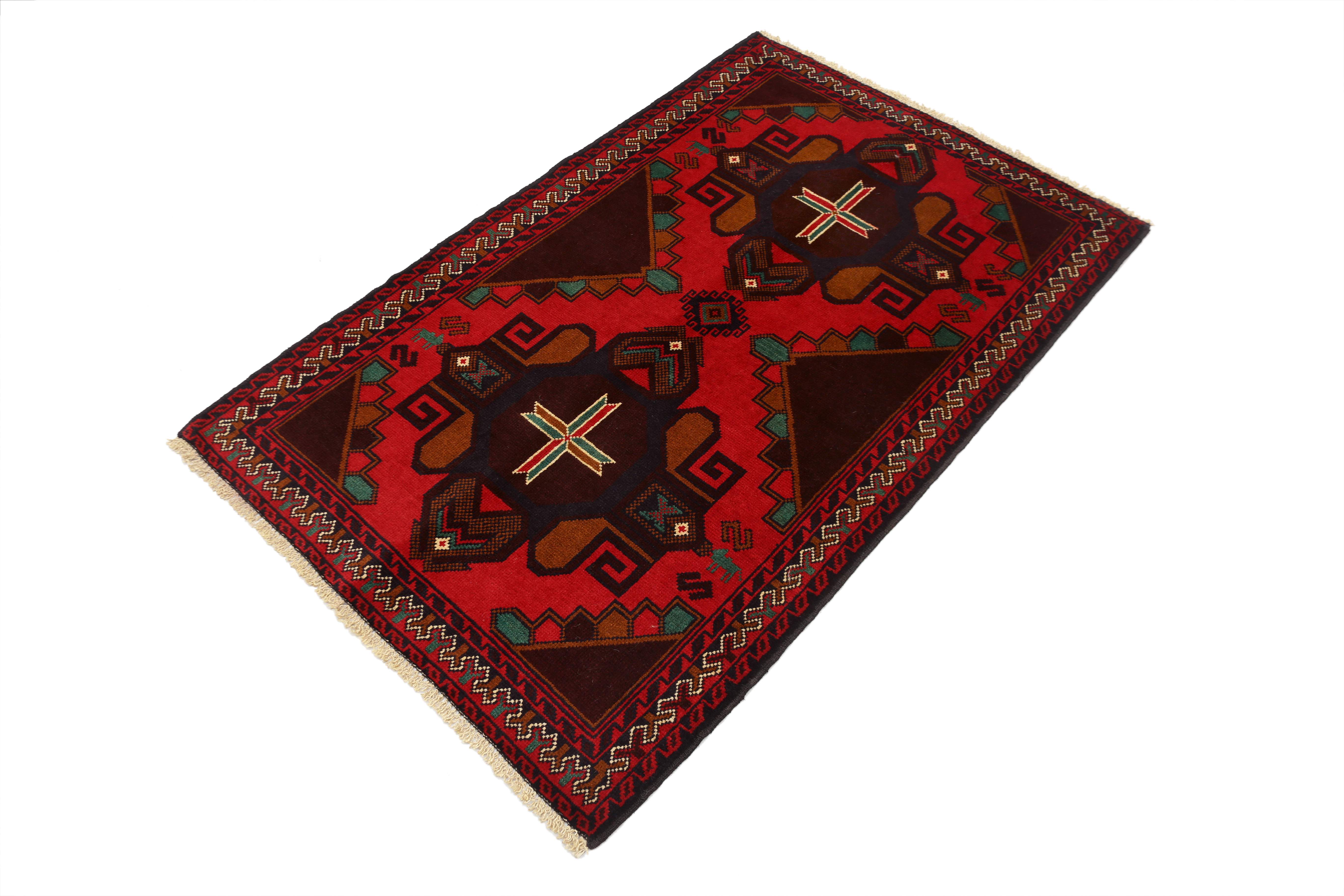 3' x 5'  Red Handmade Adraskan Baluchi Afghan Rug Rectangular