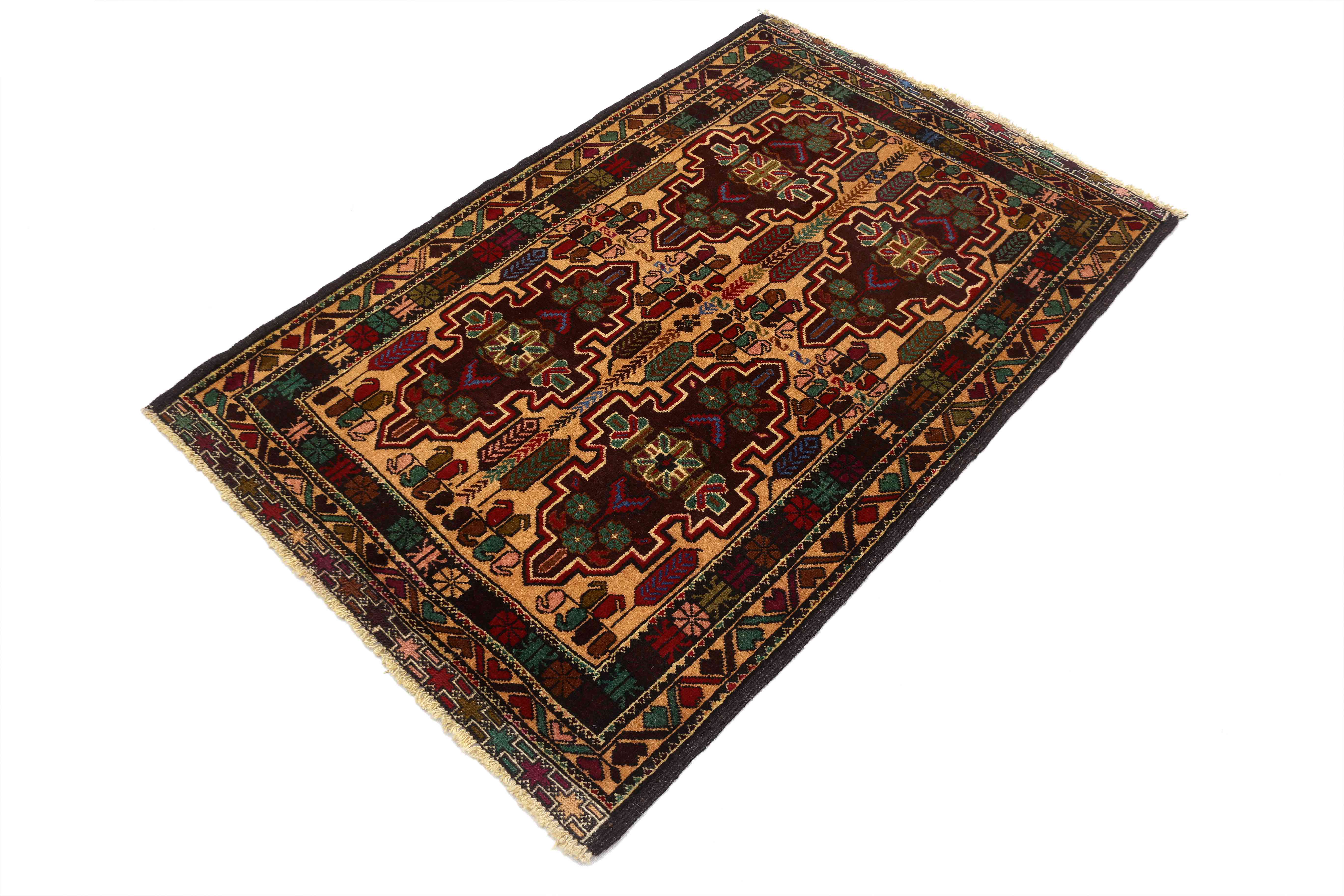3' X 5'  Golden Handmade Adraskan Baluchi Afghan Rug Rectangular