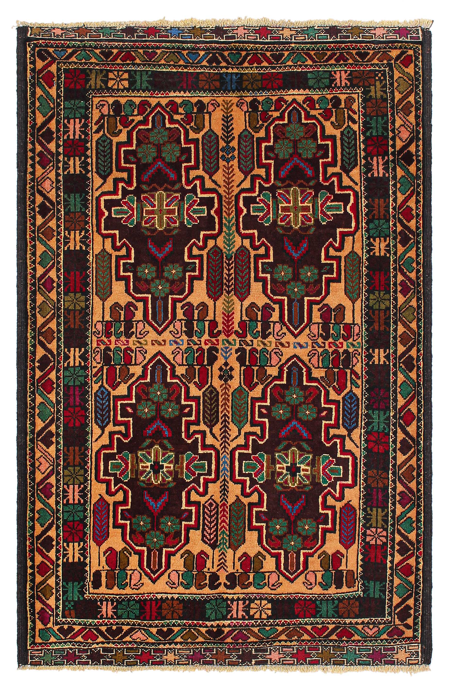 3' X 5'  Golden Handmade Adraskan Baluchi Afghan Rug Rectangular