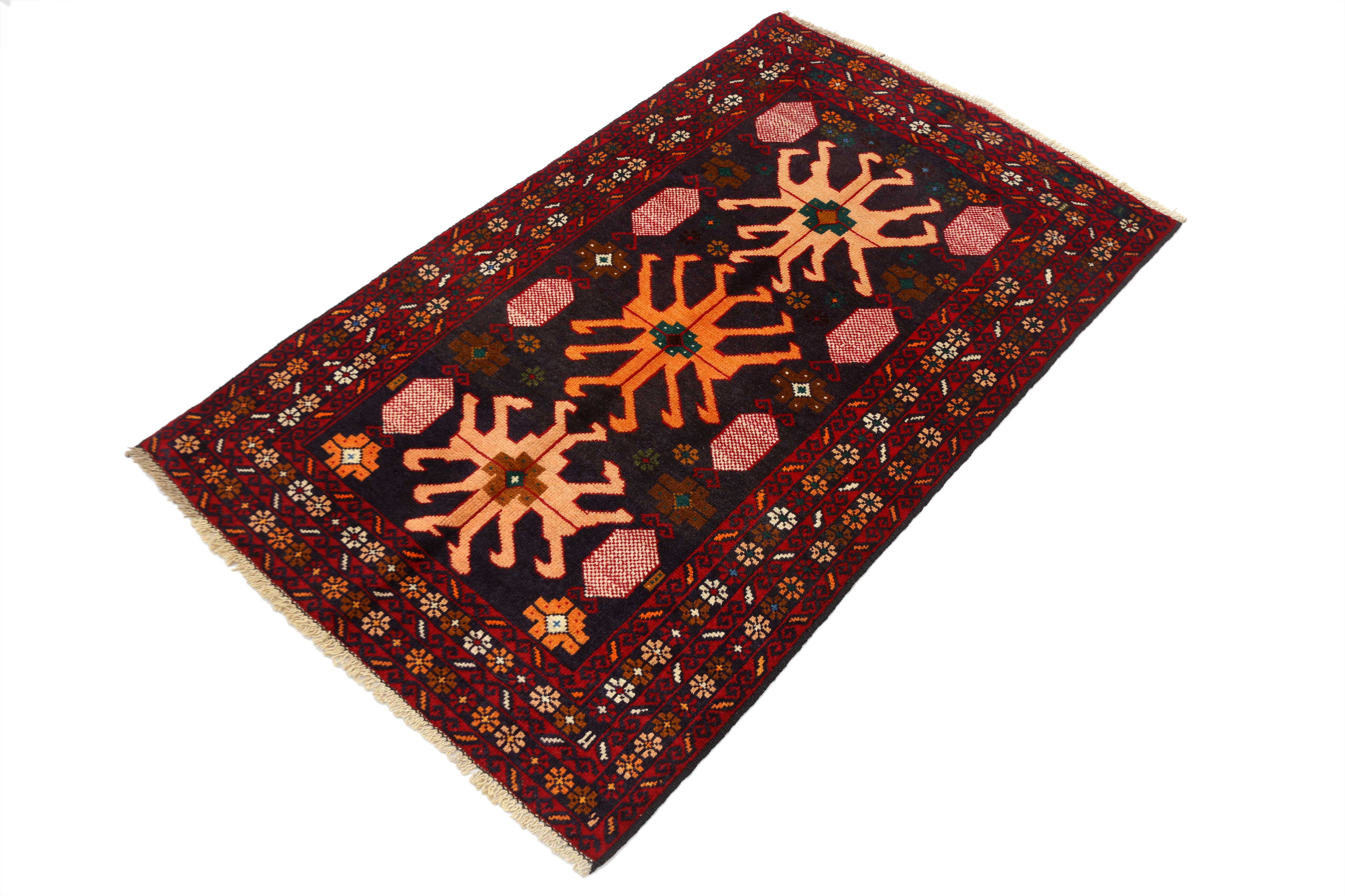 3' x 5'  Black Handmade Adraskan Baluchi Afghan Rug Rectangular