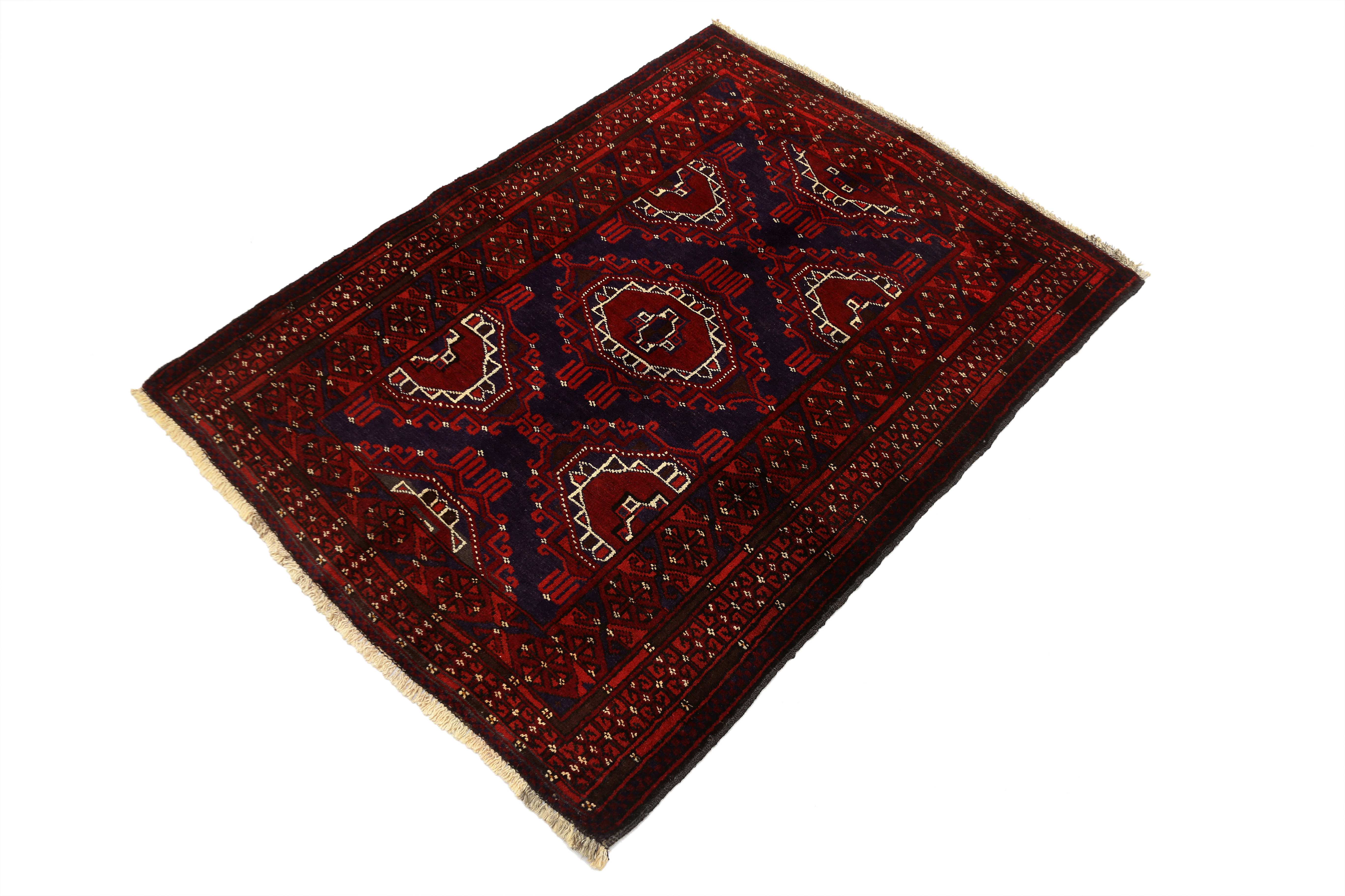 3' X 4'  Blue Handmade Adraskan Baluchi Afghan Rug Rectangular