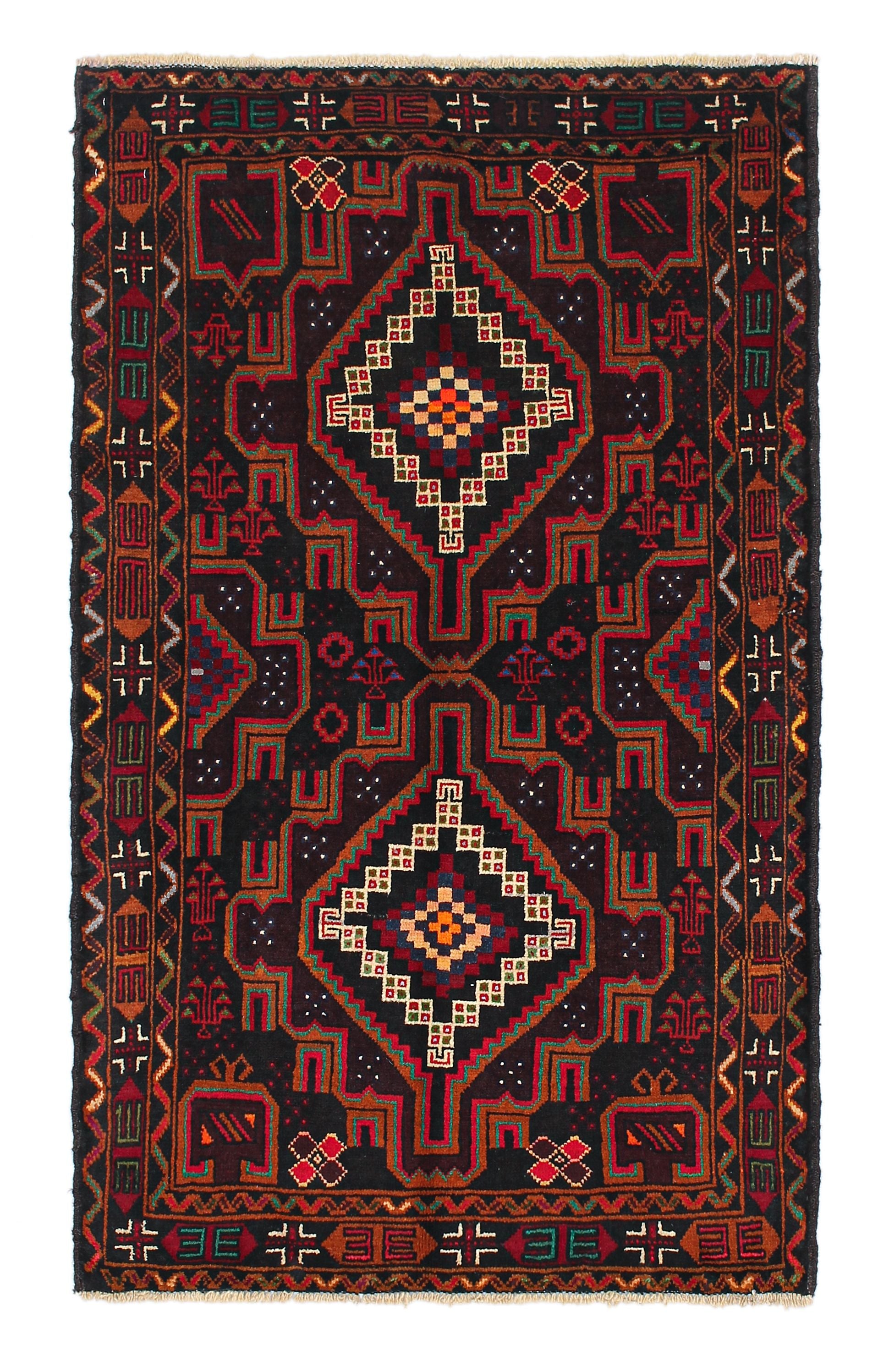 3' x 5'  Black Handmade Adraskan Baluchi Afghan Rug Rectangular