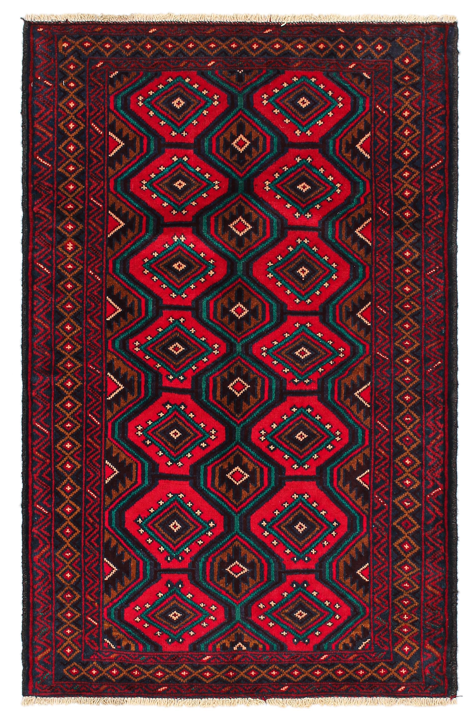3' X 5'  Red Handmade Adraskan Baluchi Afghan Rug Rectangular