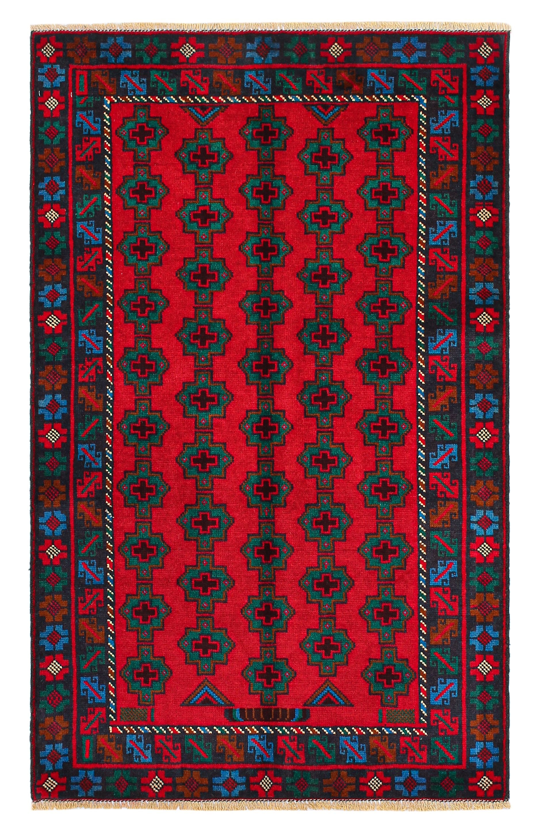 3' X 5'  Red Handmade Adraskan Baluchi Afghan Rug Rectangular