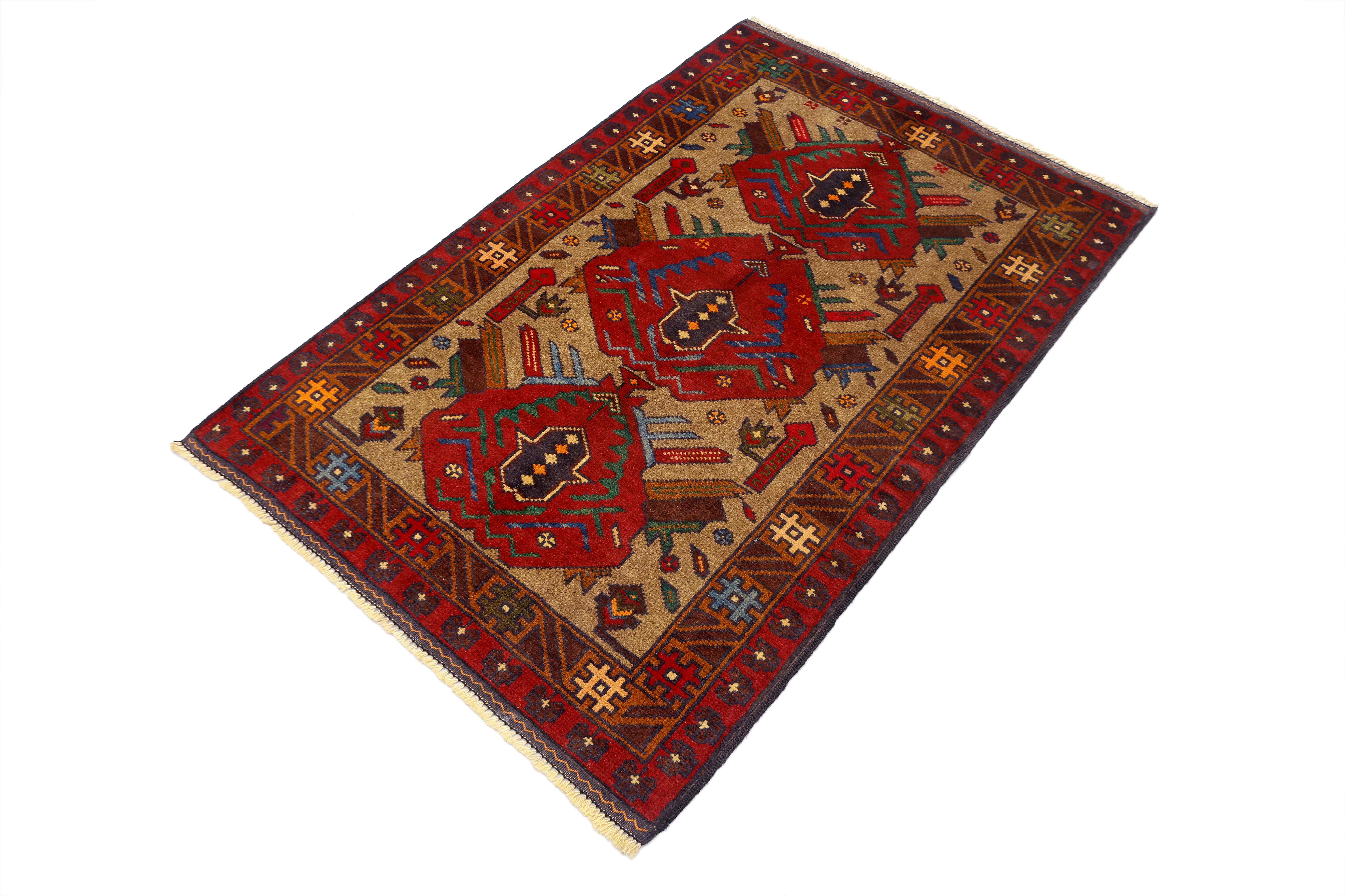 3' X 4'  Natural Handmade Adraskan Baluchi Afghan Rug Rectangular