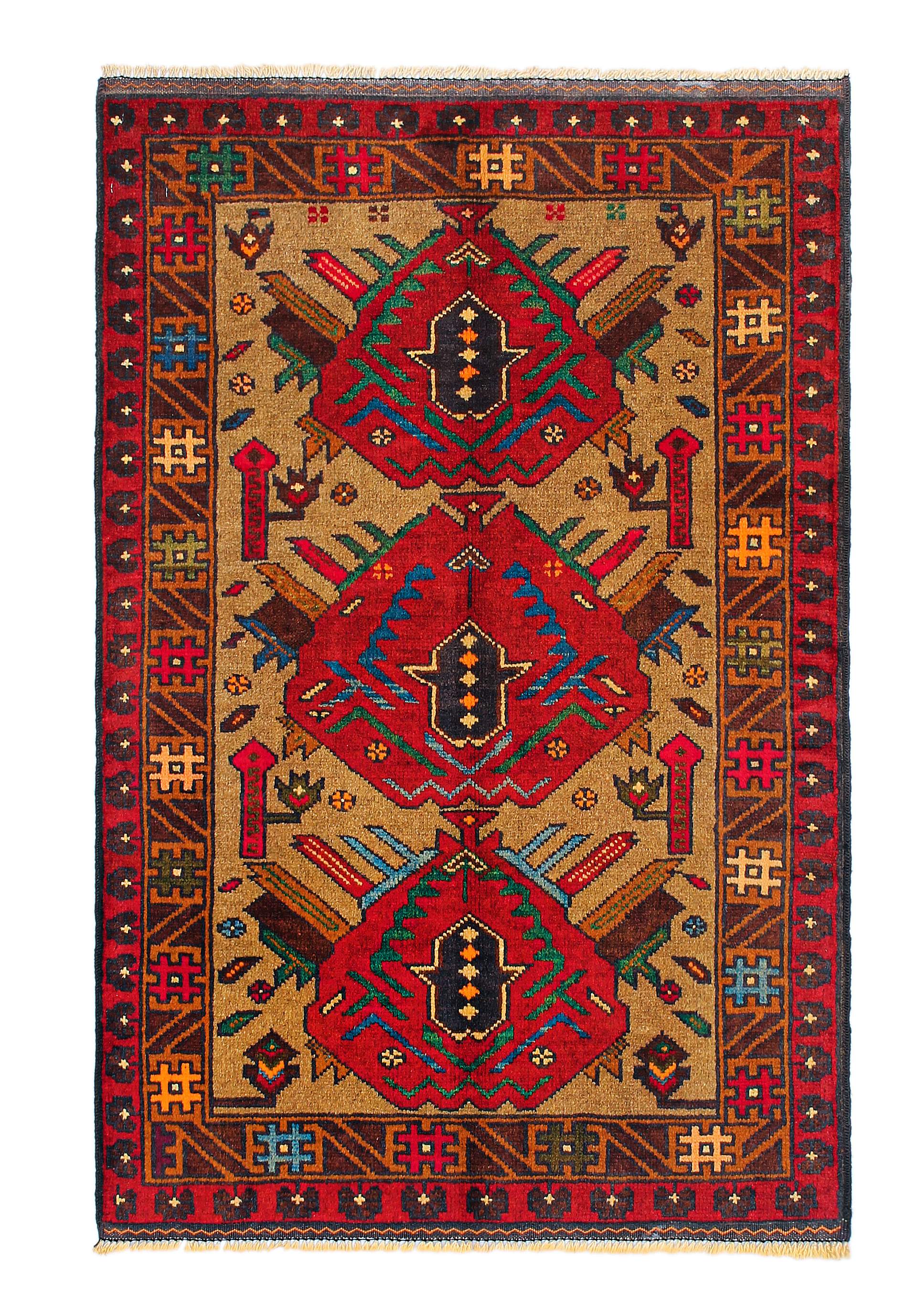 3' X 4'  Natural Handmade Adraskan Baluchi Afghan Rug Rectangular