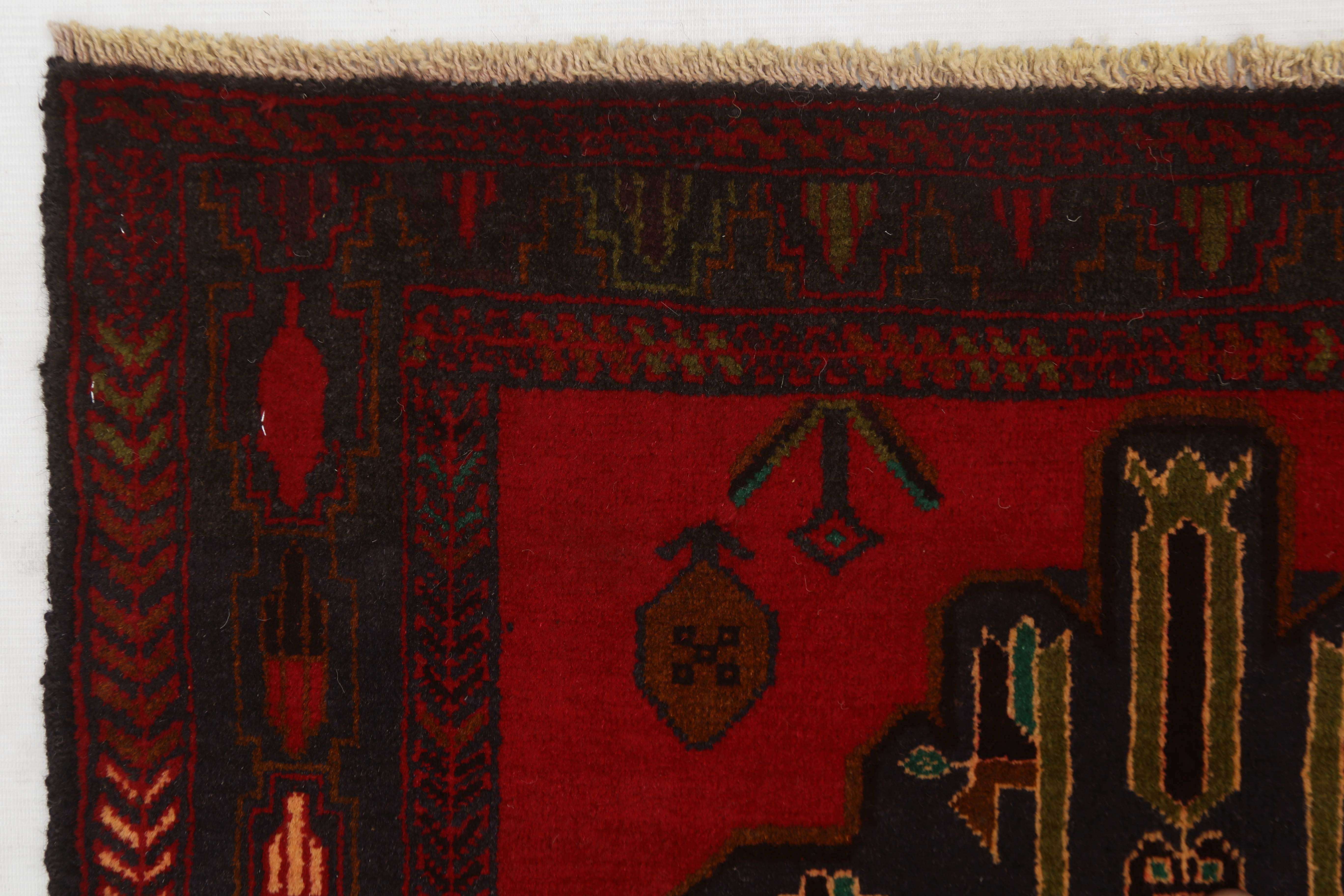 3' X 4'  Red Handmade Adraskan Baluchi Afghan Rug Rectangular