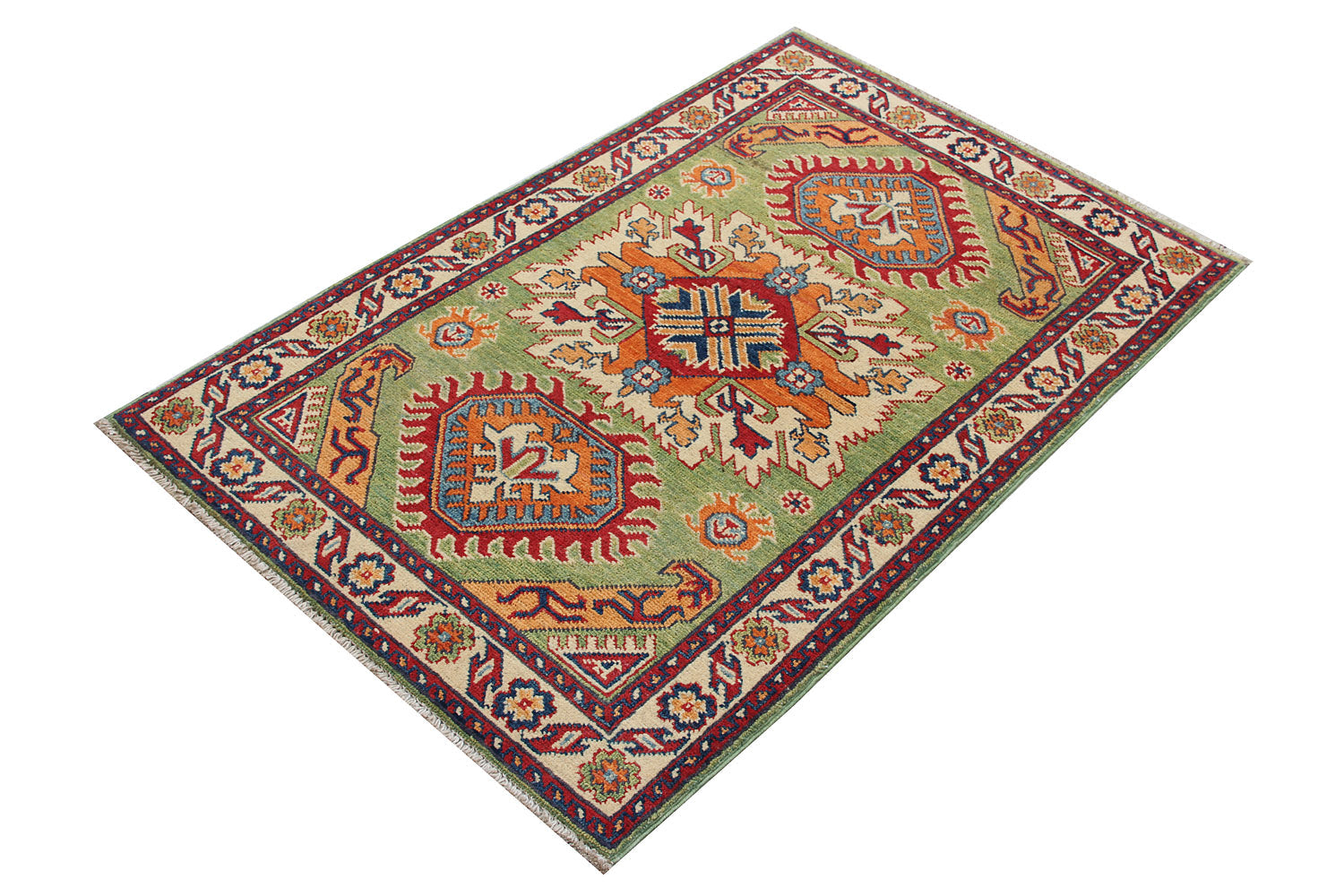2' 6" x 4'  Green Handmade KAZAK Rug Rectangular