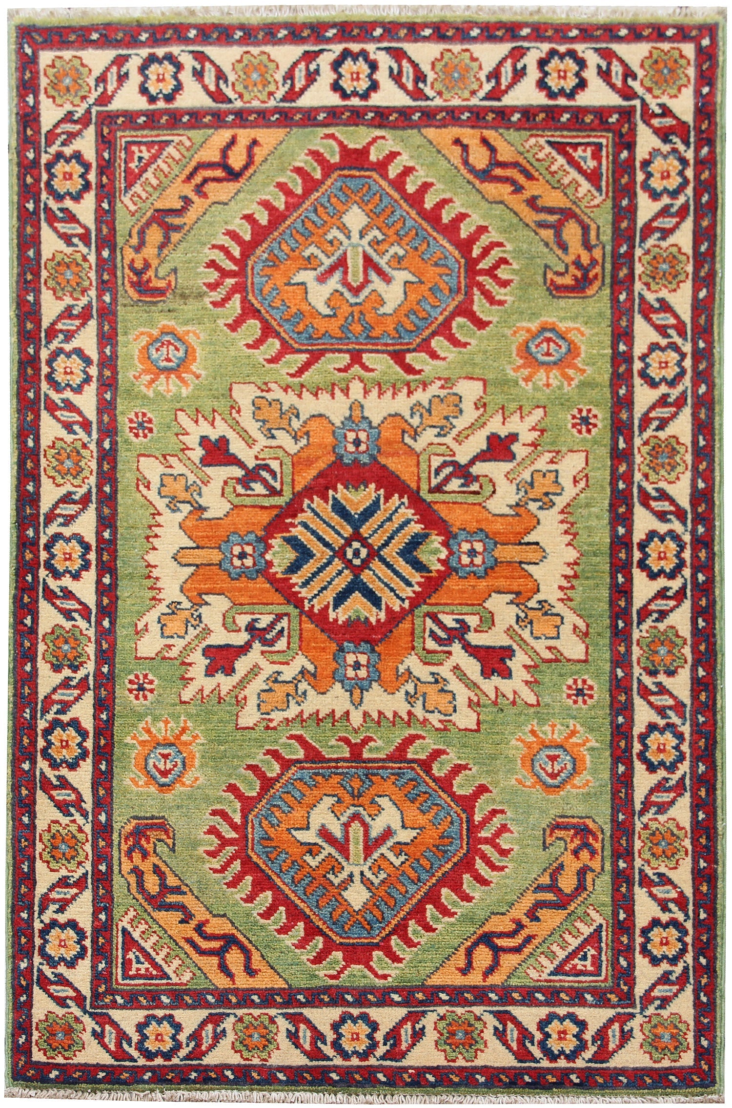 2' 6" x 4'  Green Handmade KAZAK Rug Rectangular