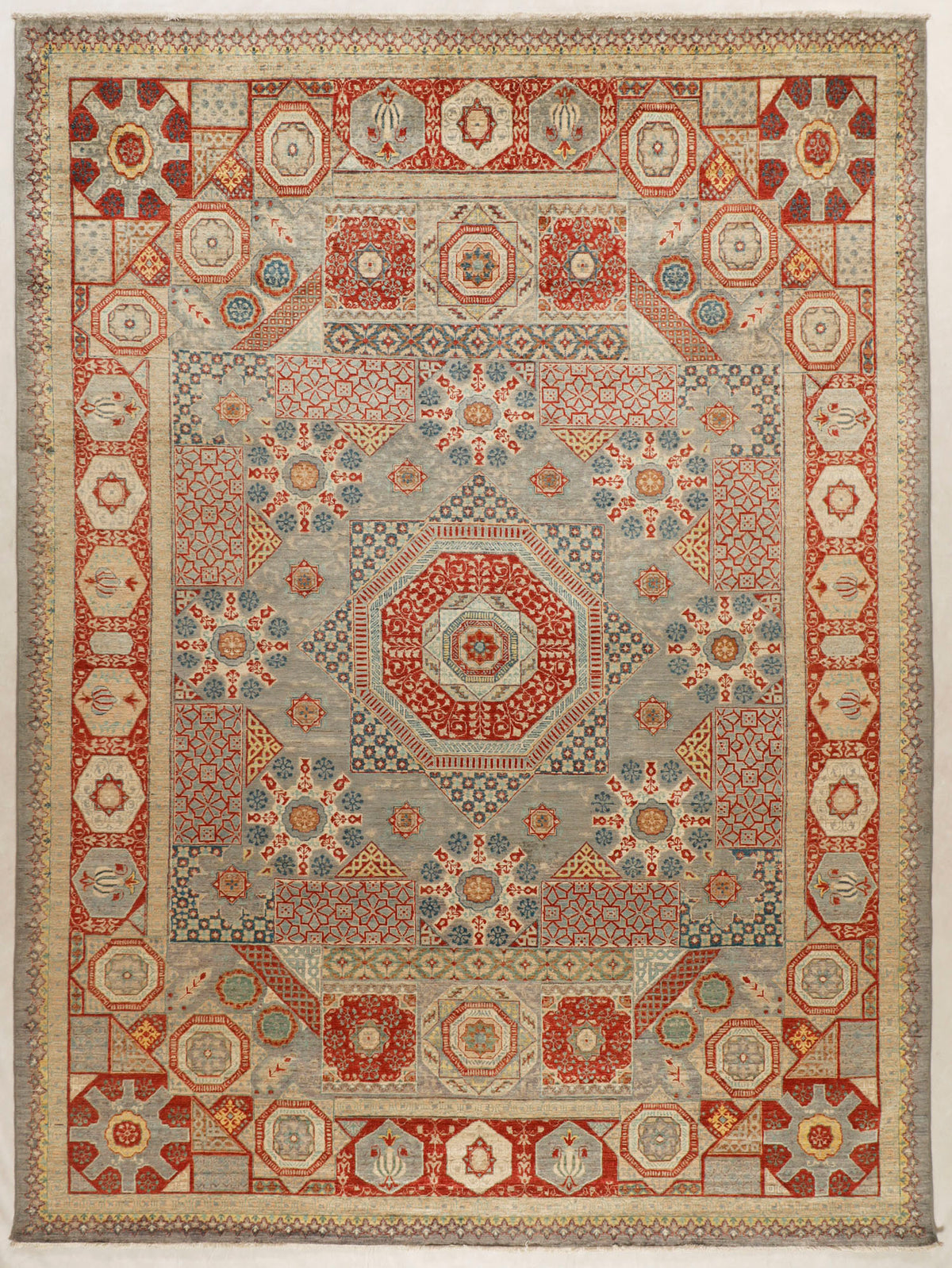 Persian Style Mamluk Rug 9' x 12' Gray Hand Knotted Wool Geometric Carpet