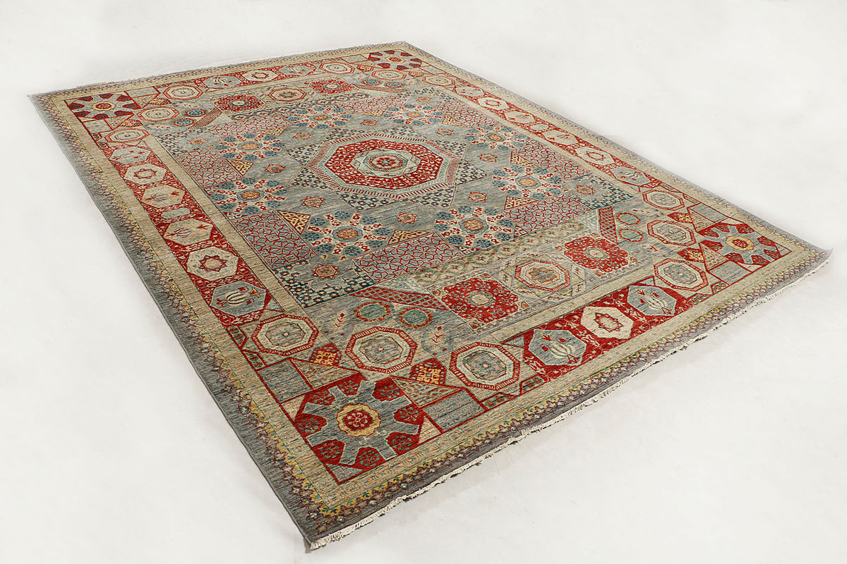 Persian Style Mamluk Rug 9' x 12' Gray Hand Knotted Wool Geometric Carpet