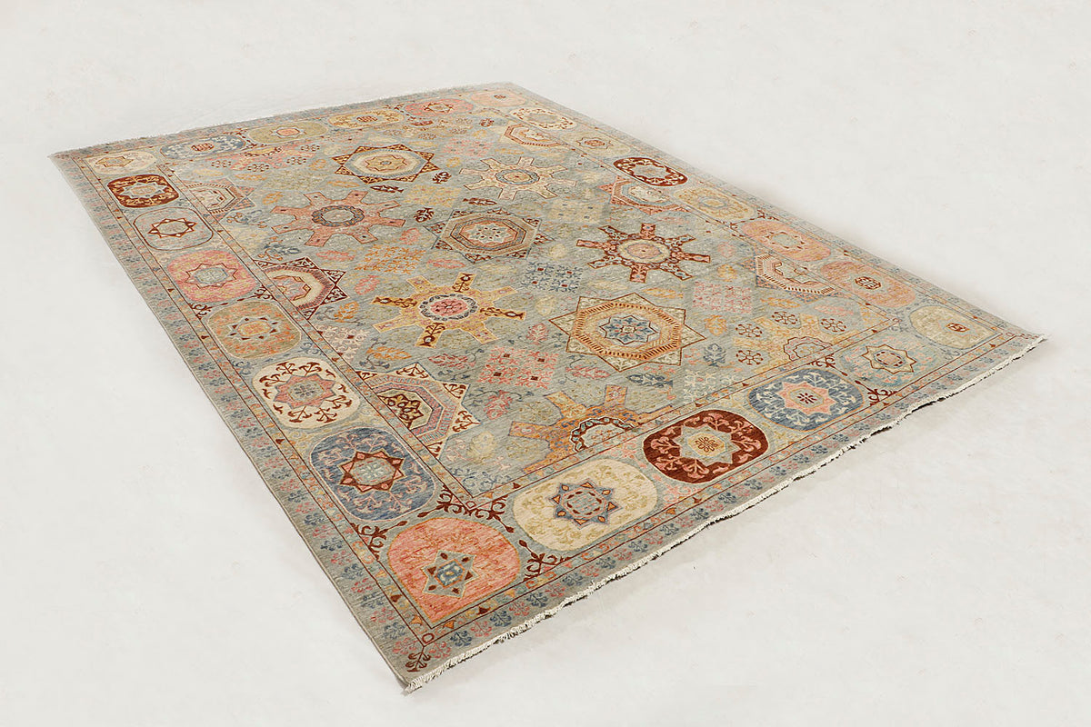 Hand Knotted Mamluk Rug Gray Wool 9' x 12' Persian Style Geometric Rug
