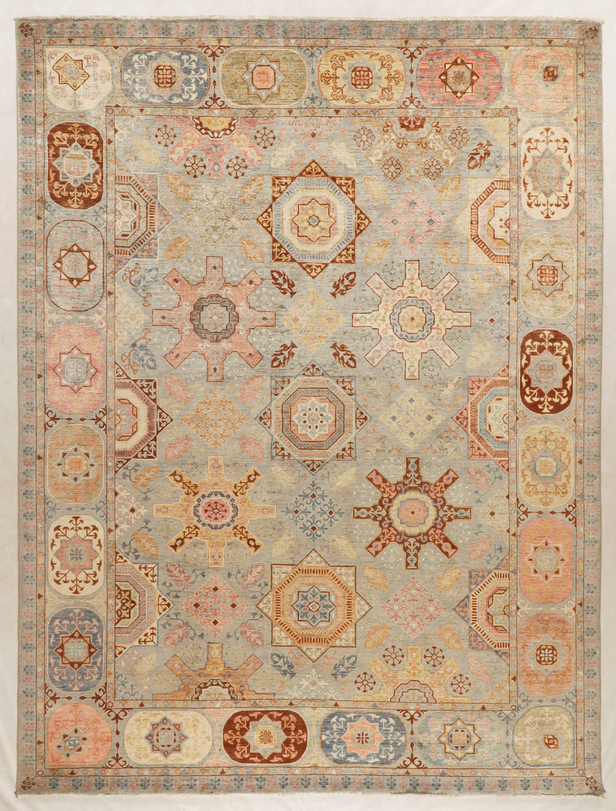 Hand Knotted Mamluk Rug Gray Wool 9' x 12' Persian Style Geometric Rug