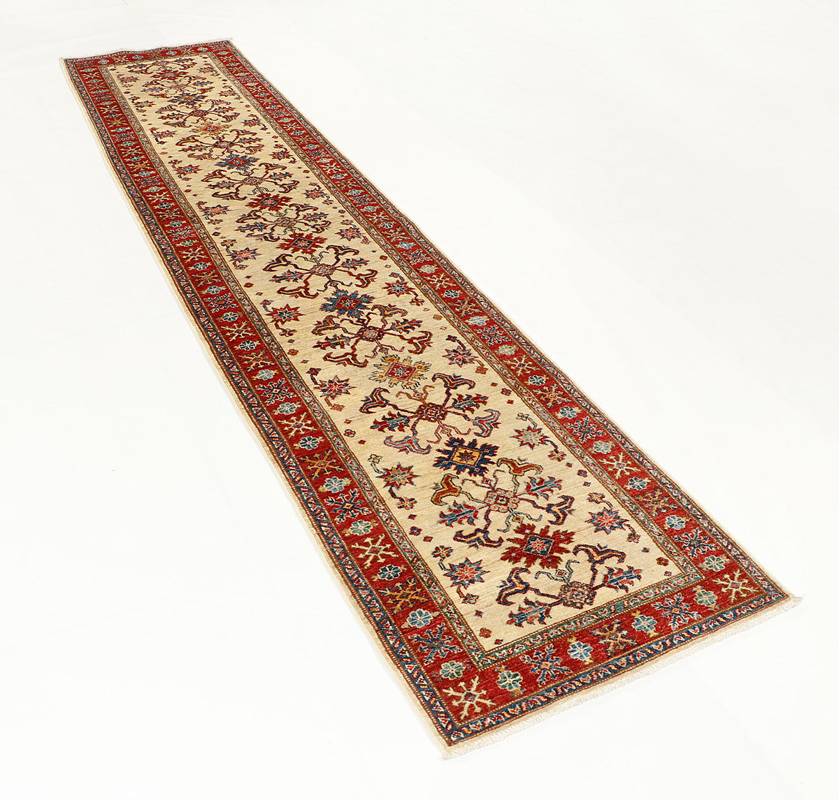 Traditional Ivory Kazak Wool Hand Knotted Runner 13' X 3' 3" Bold Tribal Pattern