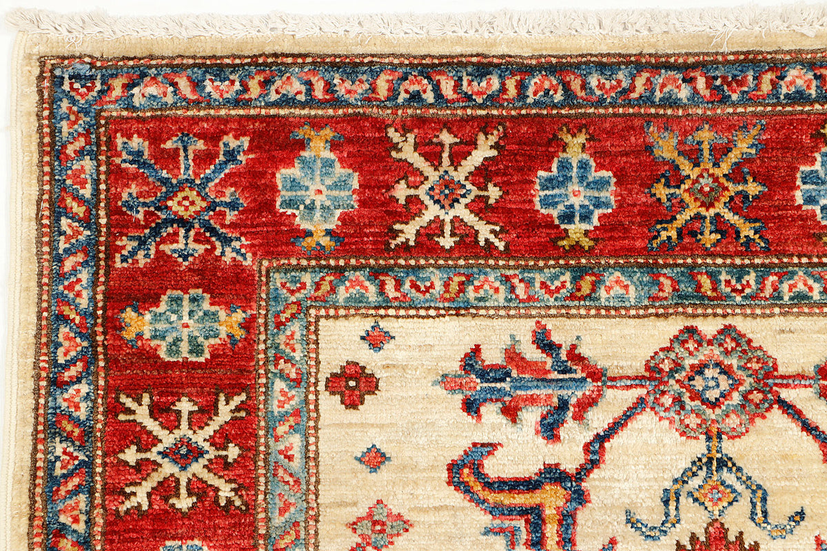 Traditional Ivory Kazak Wool Hand Knotted Runner 13' X 3' 3" Bold Tribal Pattern