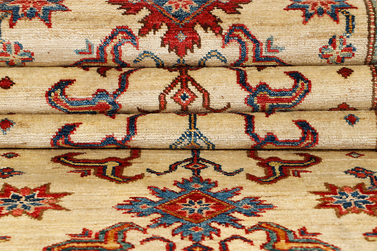 Traditional Ivory Kazak Wool Hand Knotted Runner 13' X 3' 3" Bold Tribal Pattern