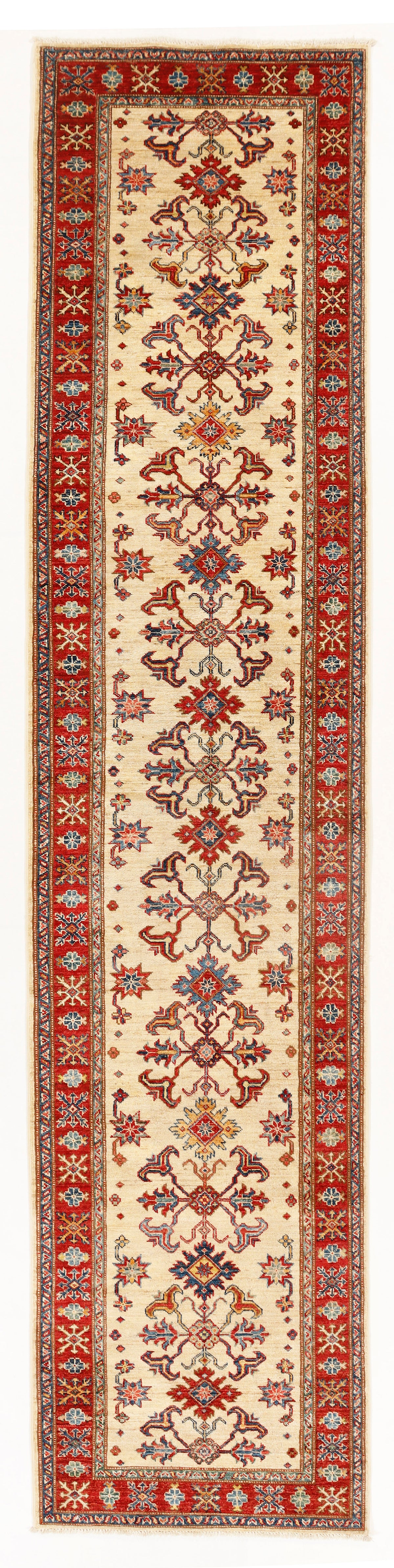 Traditional Ivory Kazak Wool Hand Knotted Runner 13' X 3' 3" Bold Tribal Pattern