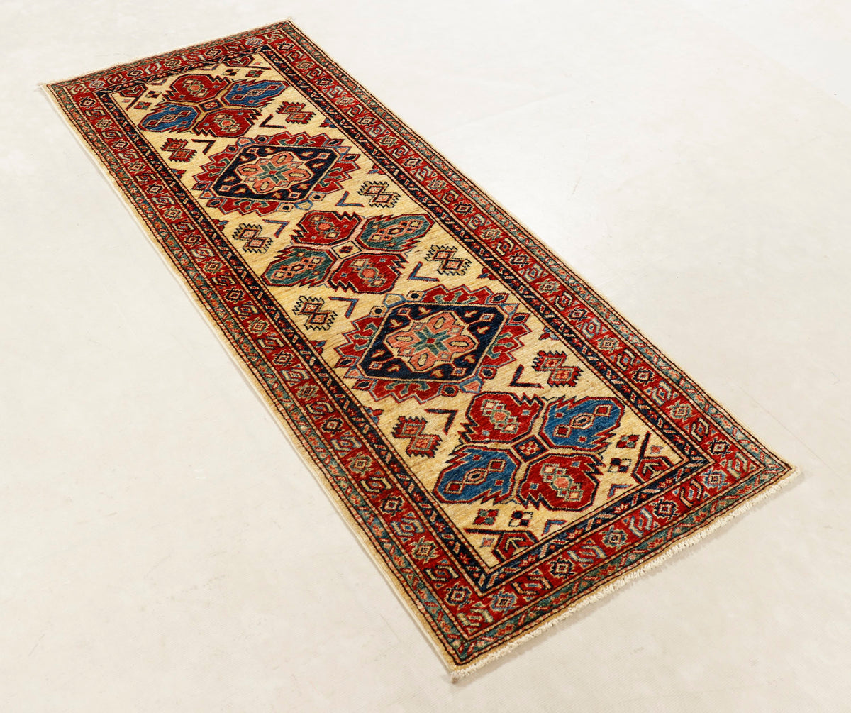 Traditional Ivory Kazak Wool Hand Knotted Runner Large Medallion Pattern