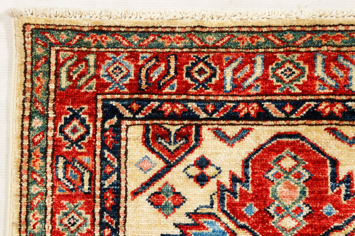 Traditional Ivory Kazak Wool Hand Knotted Runner Large Medallion Pattern