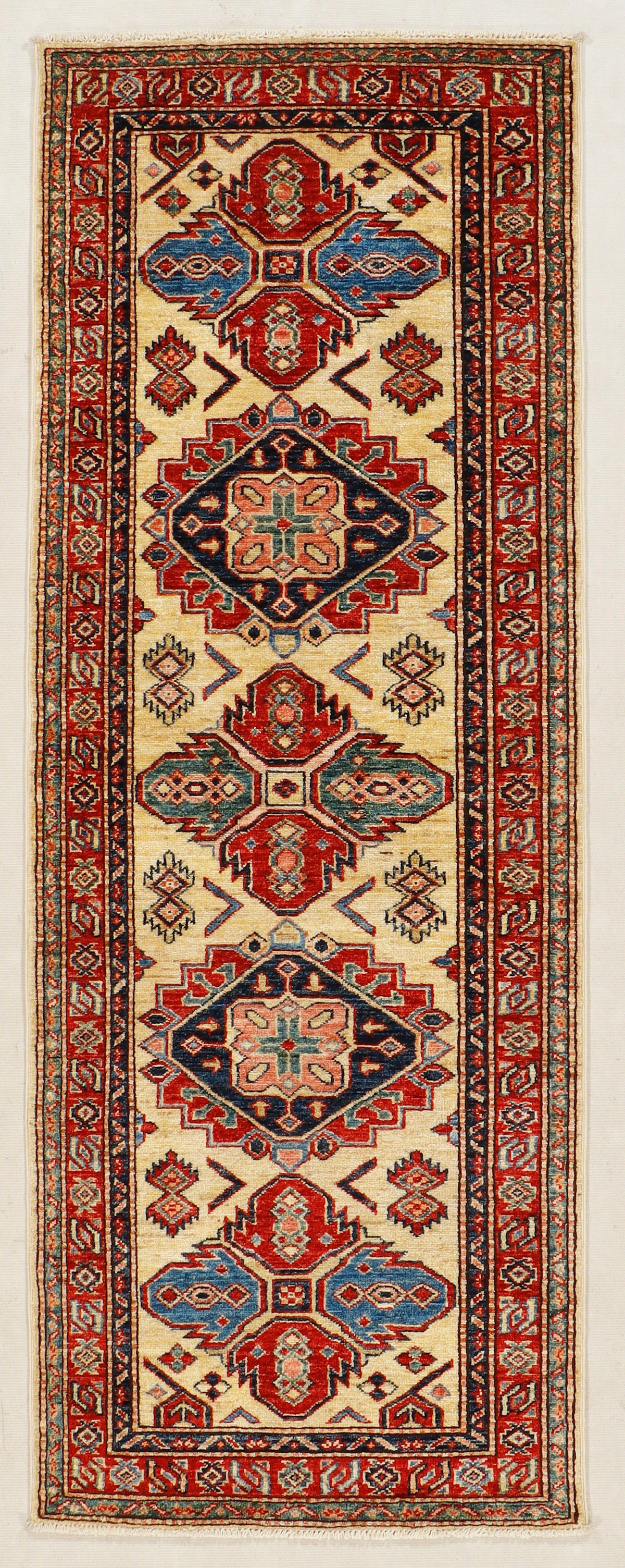 Traditional Ivory Kazak Wool Hand Knotted Runner Large Medallion Pattern