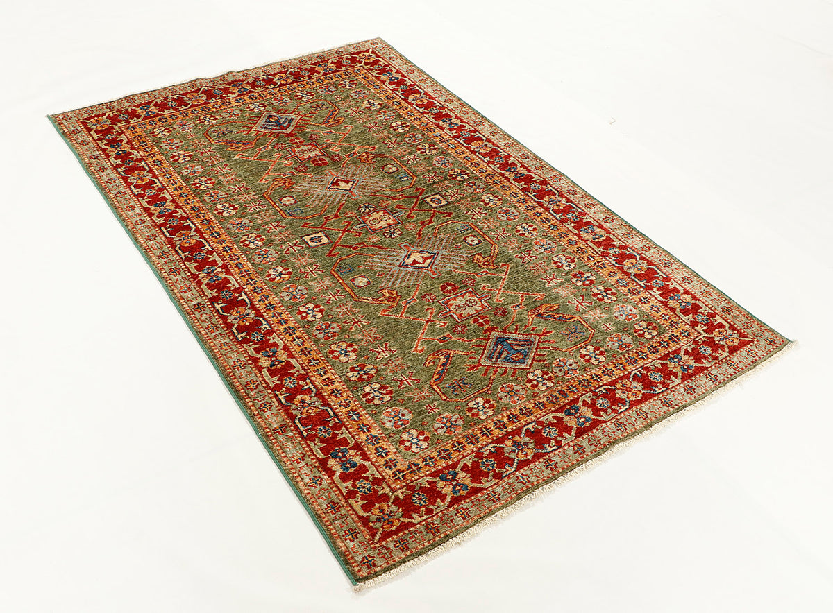 Traditional Green Kazak Wool Hand Knotted Rug 4' x 6' Traditional Tribal Weave