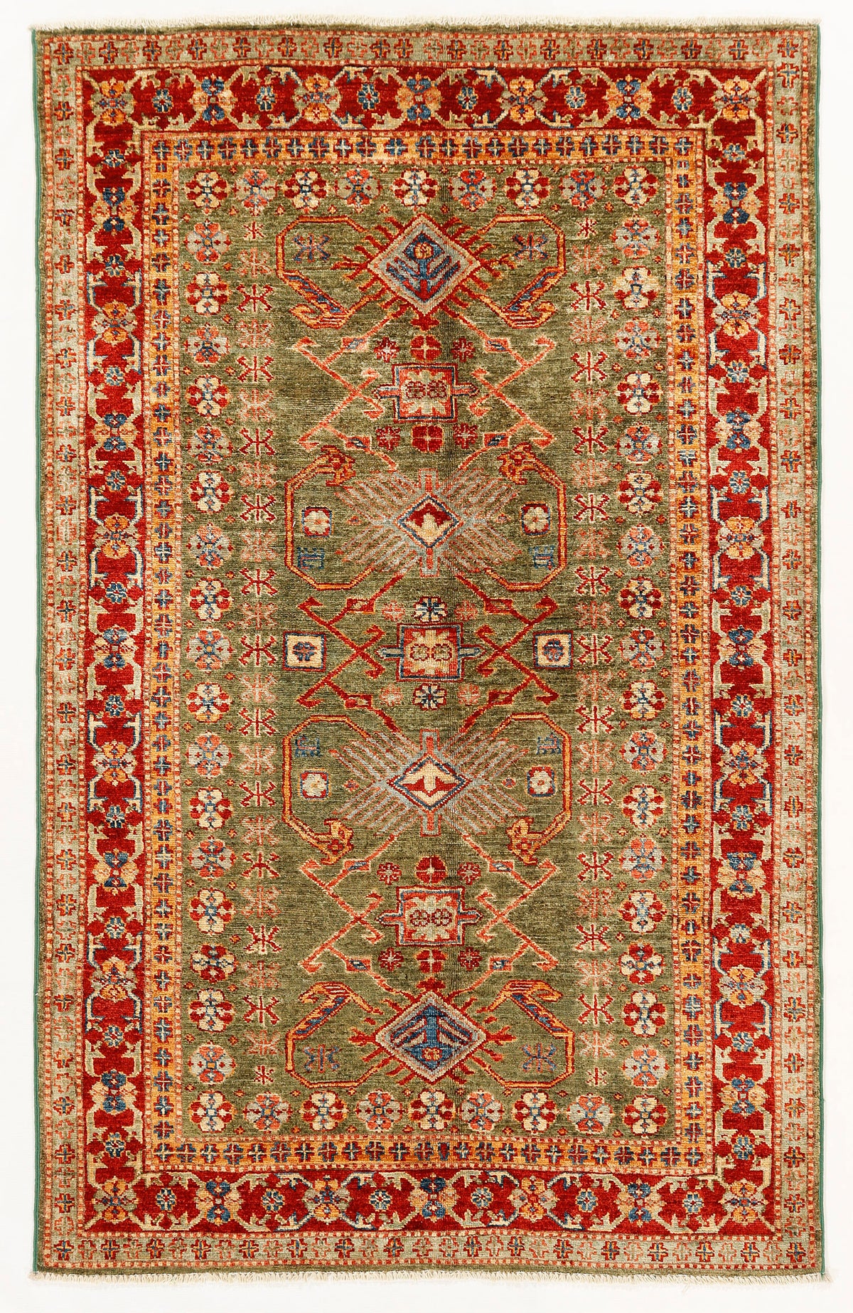 Traditional Green Kazak Wool Hand Knotted Rug 4' x 6' Traditional Tribal Weave