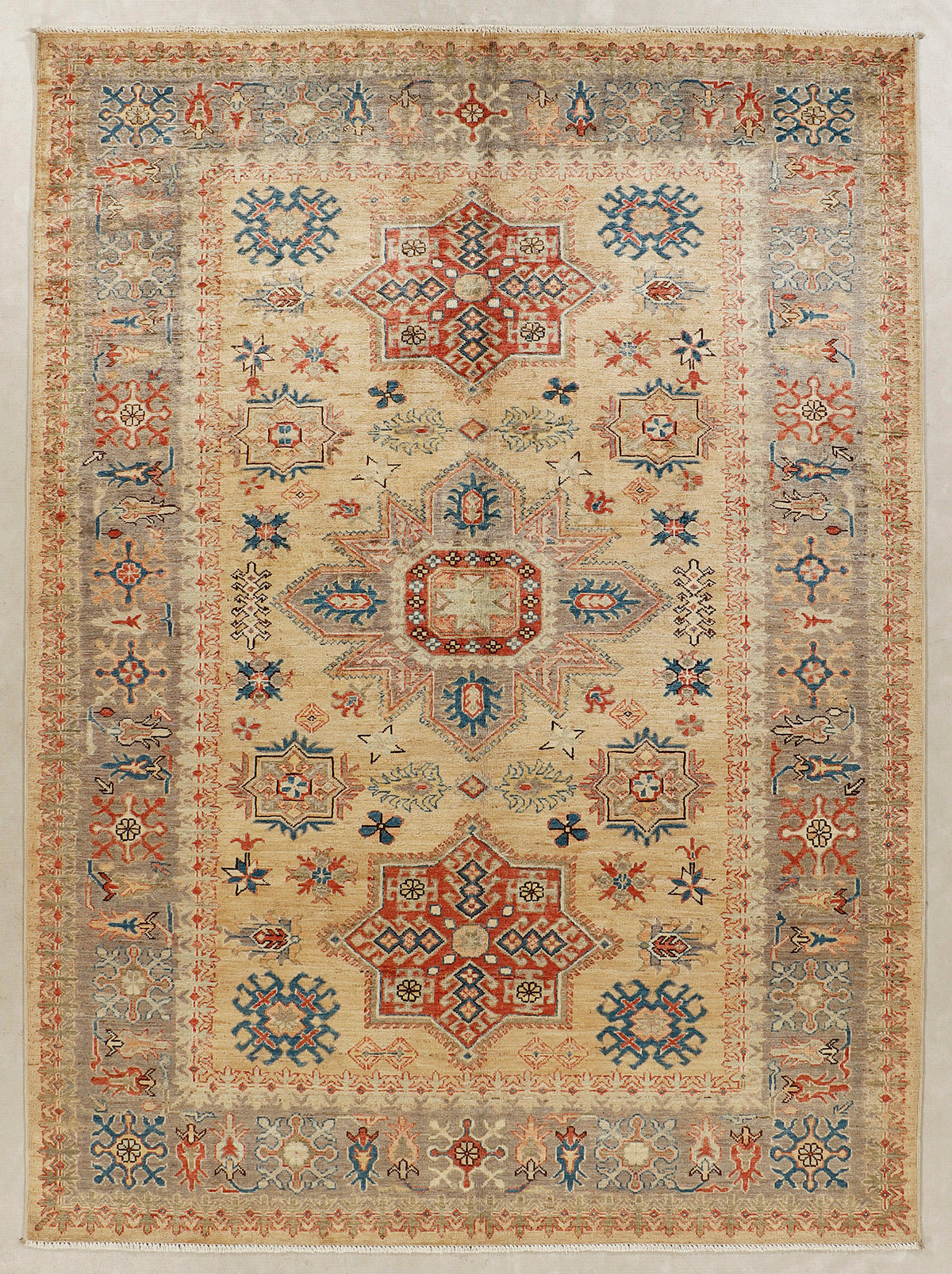 Genuine Ivory Kazak Hand Knotted Wool Rug 5' 6" X 8' Bold Tribal Pattern