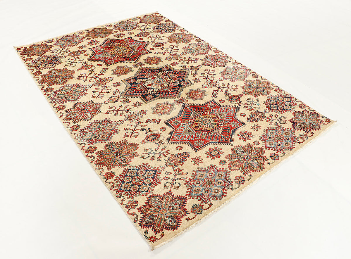 Genuine Ivory Kazak Hand Knotted Wool Rug 5' 6" X 8' Bold Geometric Design