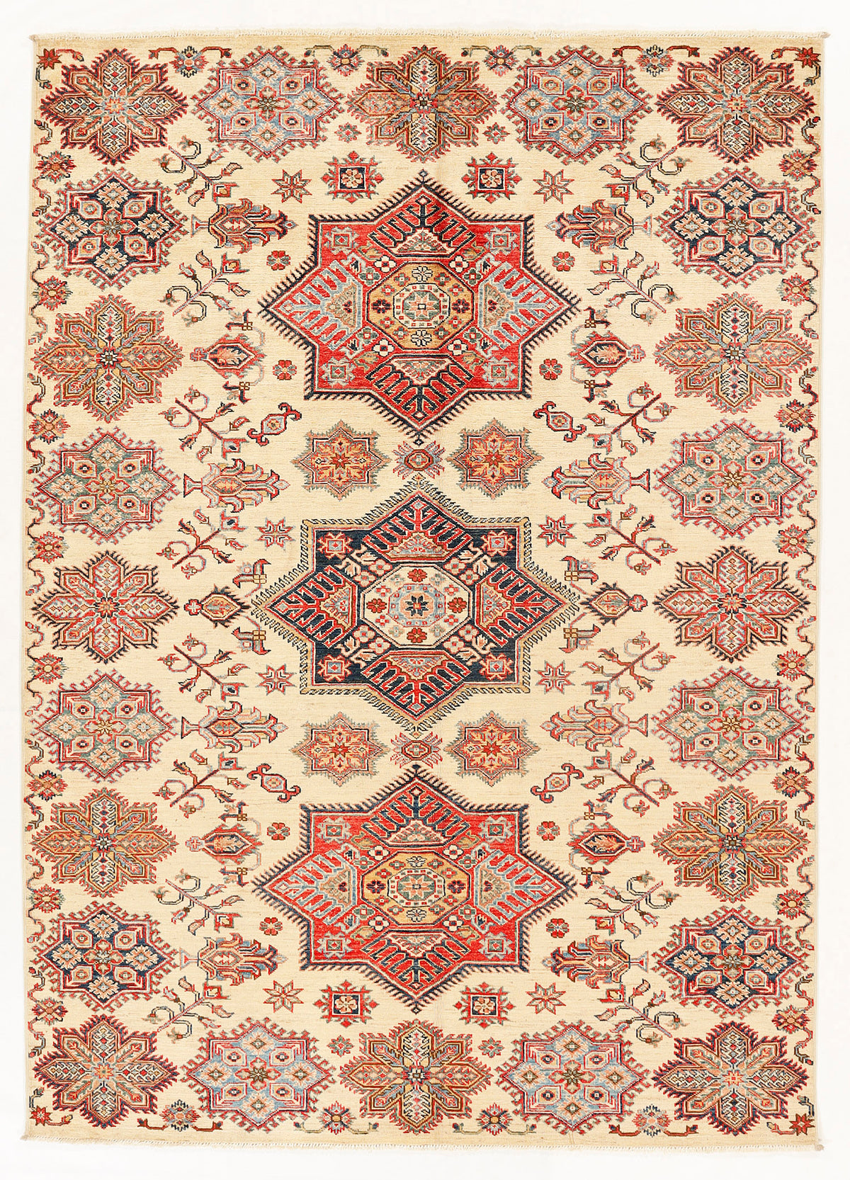 Genuine Ivory Kazak Hand Knotted Wool Rug 5' 6" X 8' Bold Geometric Design