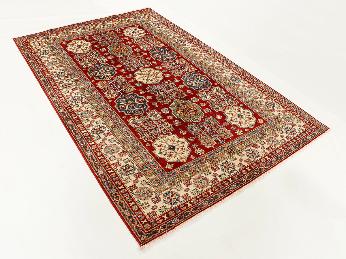 Authentic Red Kazak Hand Knotted Wool Rug 5' 6" X 8' Bold Geometric Design