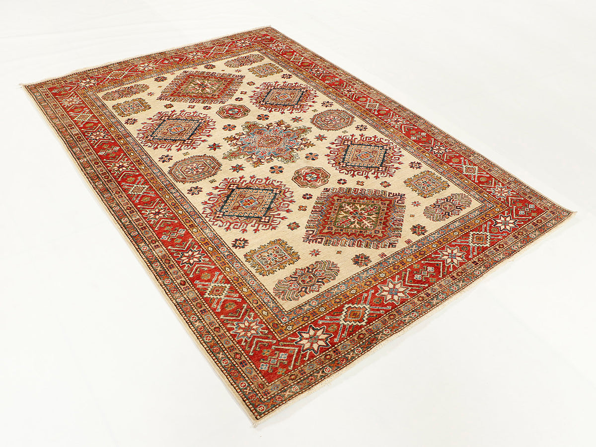 Ivory Hand Knotted Kazak Wool Rug 5' 6" X 8' Bold Tribal Pattern