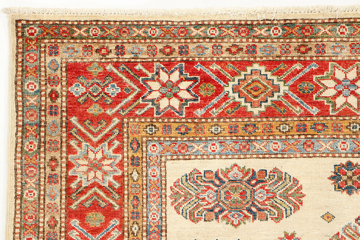 Ivory Hand Knotted Kazak Wool Rug 5' 6" X 8' Bold Tribal Pattern