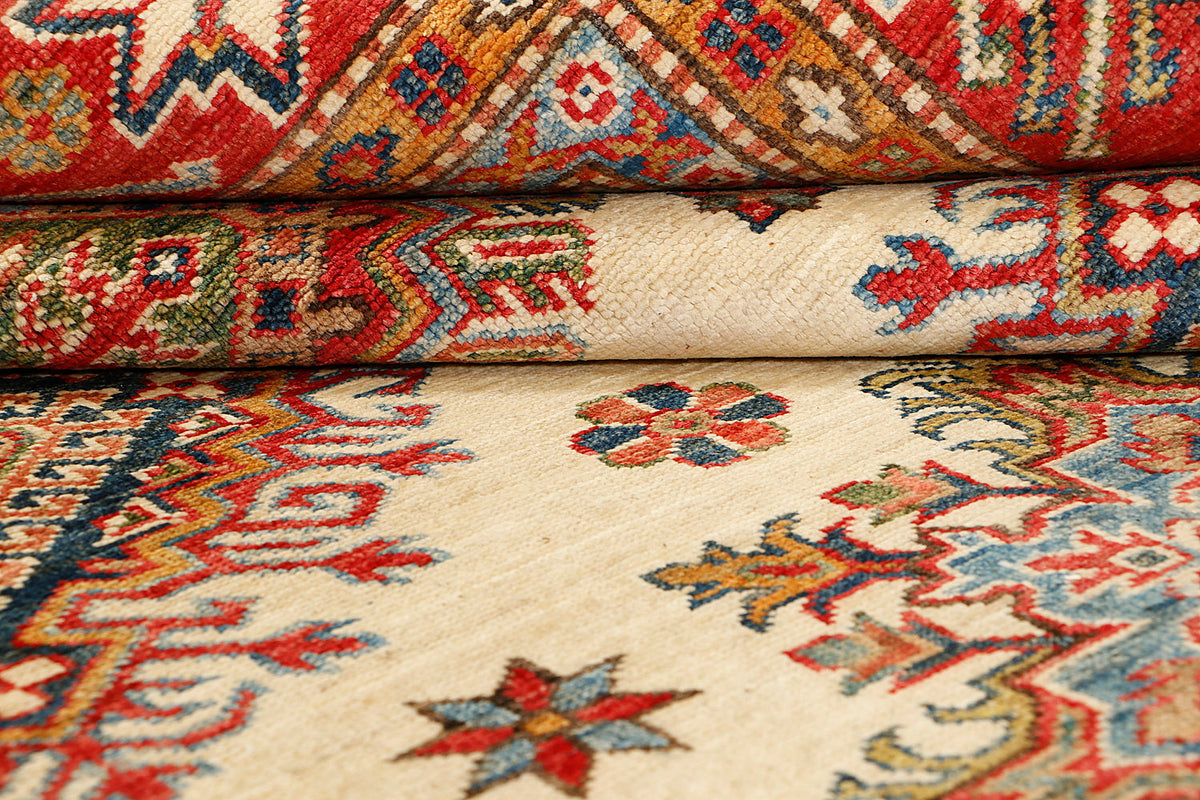Ivory Hand Knotted Kazak Wool Rug 5' 6" X 8' Bold Tribal Pattern