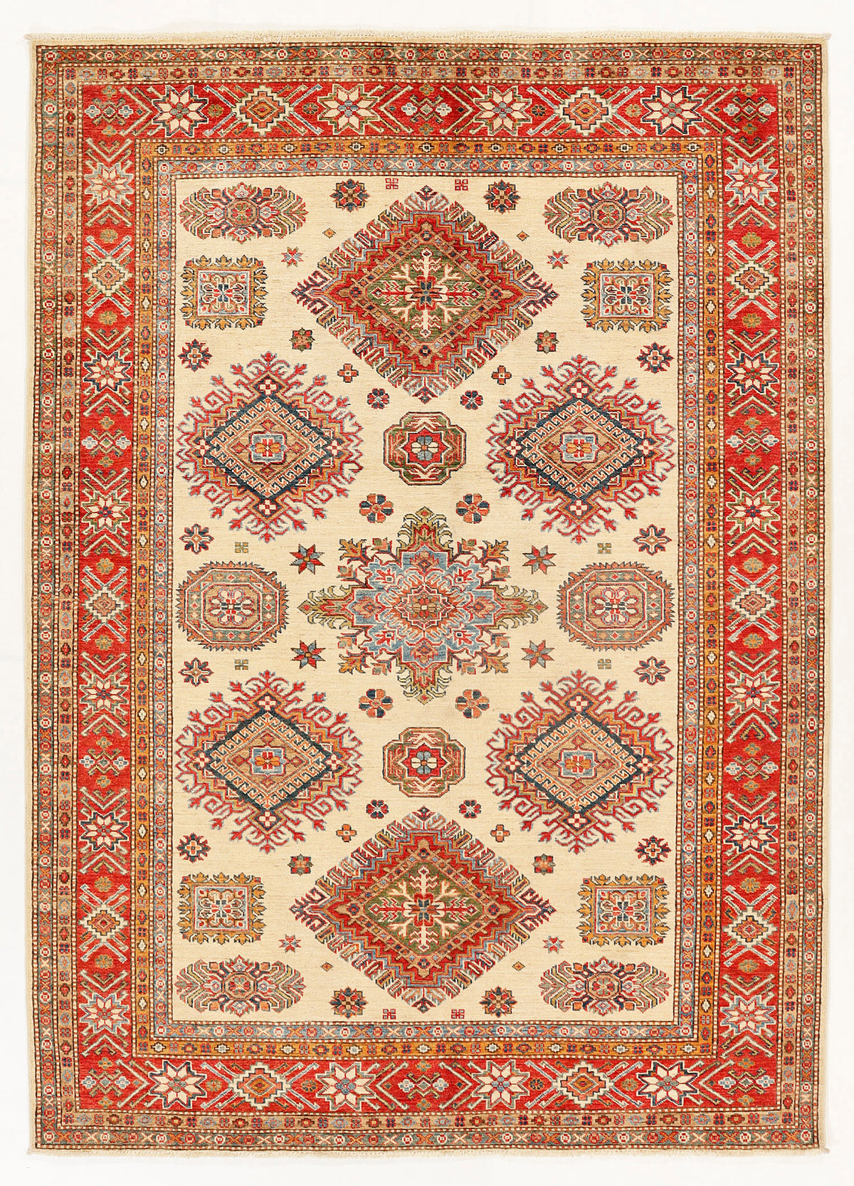 Ivory Hand Knotted Kazak Wool Rug 5' 6" X 8' Bold Tribal Pattern