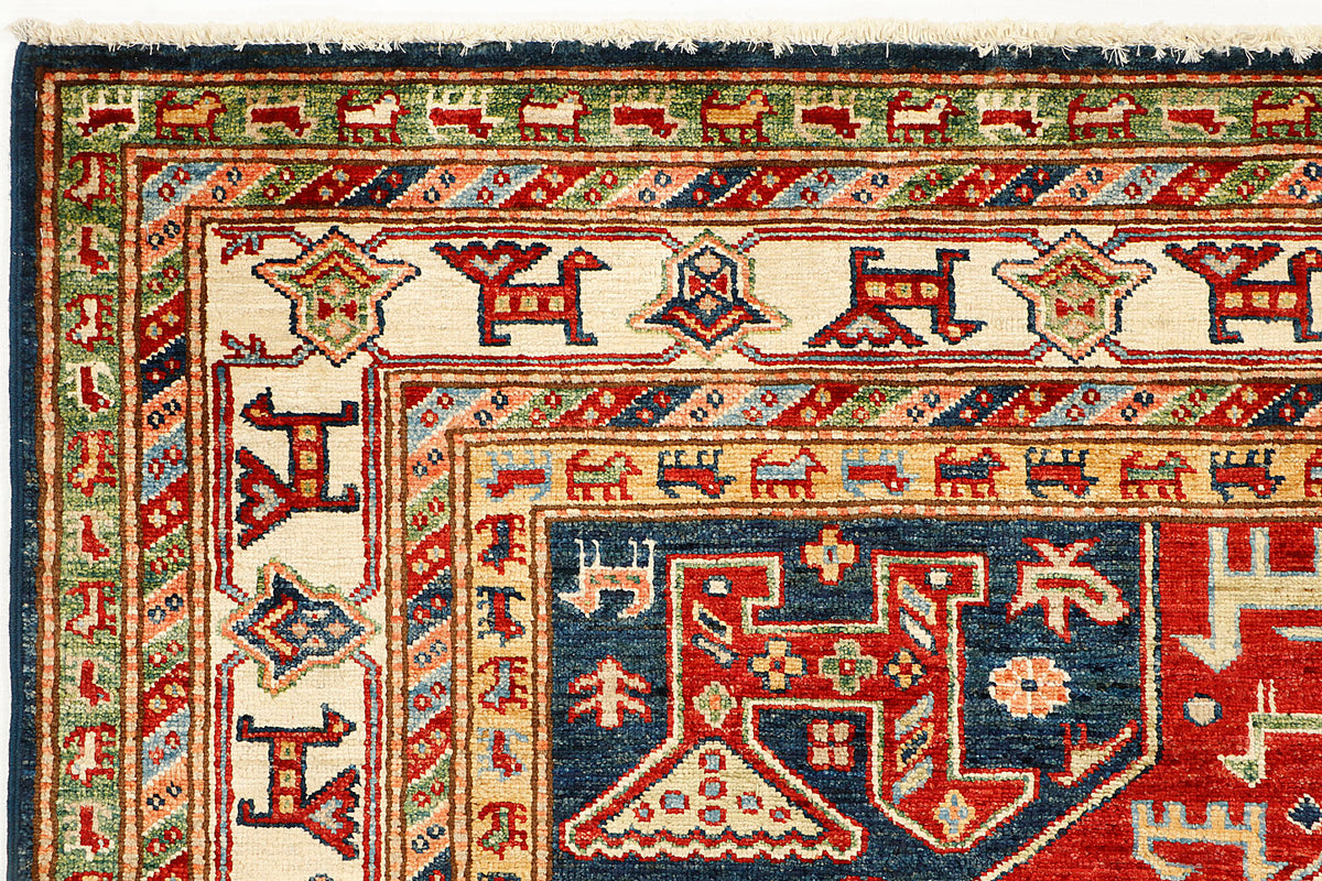 Multi Tribal Kazak Hand Knotted Wool Rug 5' 6" X 8' Large Medallion Pattern
