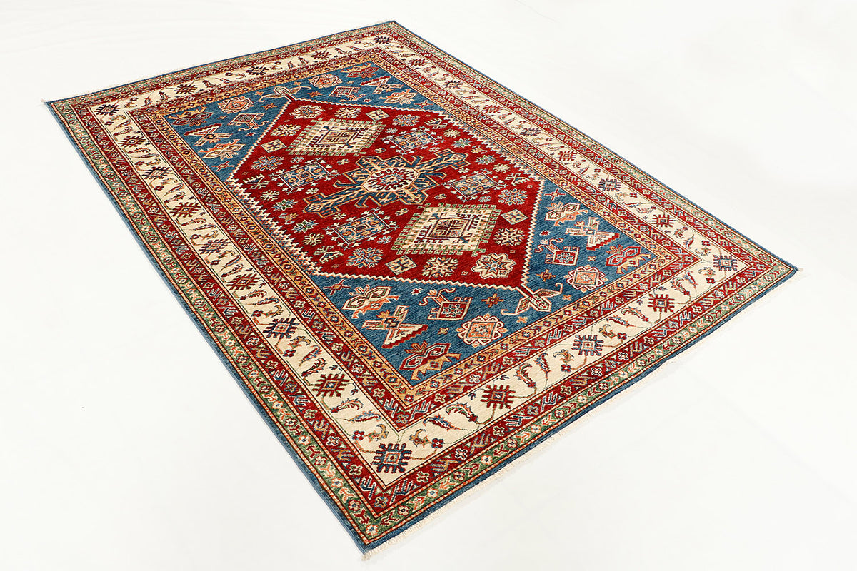 Handmade Red Kazak Wool Rug 5' 6" X 8' Bold Geometric Design