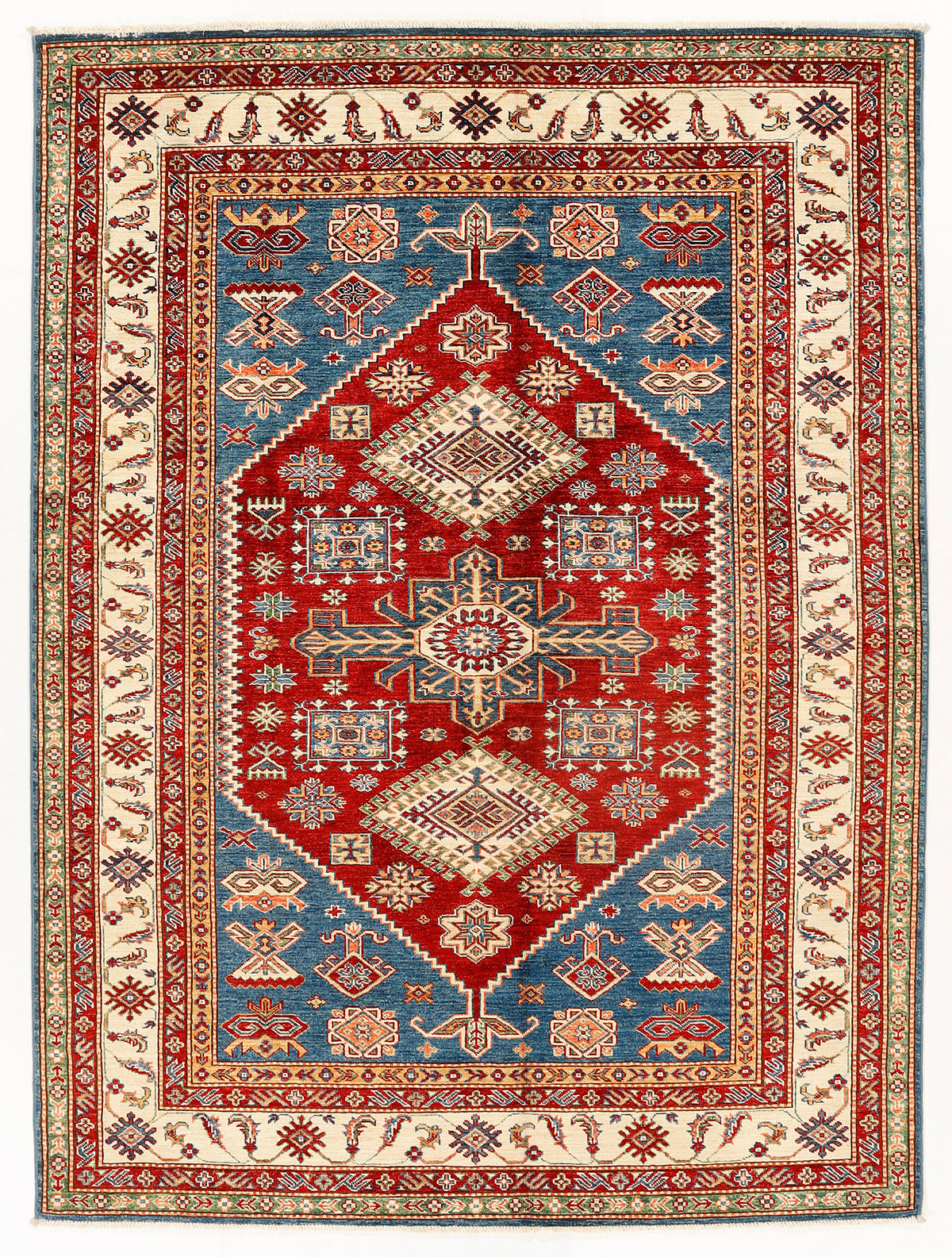 Handmade Red Kazak Wool Rug 5' 6" X 8' Bold Geometric Design