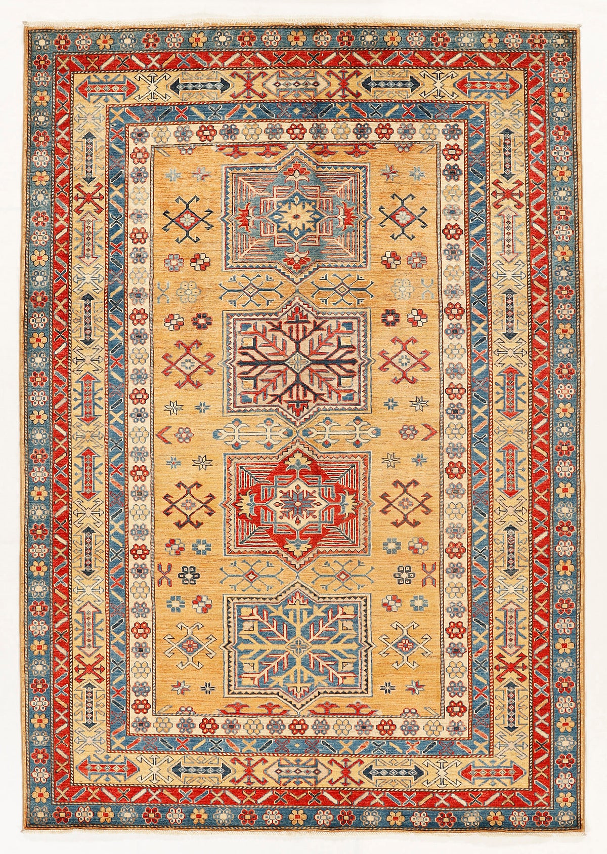 Genuine Golden Kazak Hand Knotted Wool Rug 5' 6" X 8' Bold Geometric Design