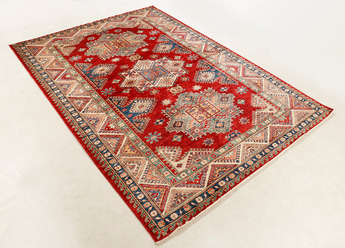 Red Hand Knotted Kazak Wool Rug 5' 6" X 8' Traditional Tribal Weave