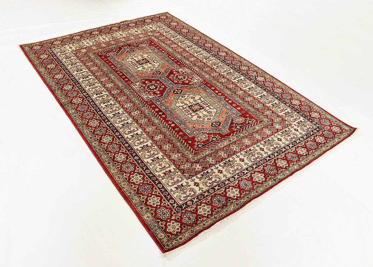Handmade Red Kazak Wool Rug 5' 6" X 8' Large Medallion Pattern
