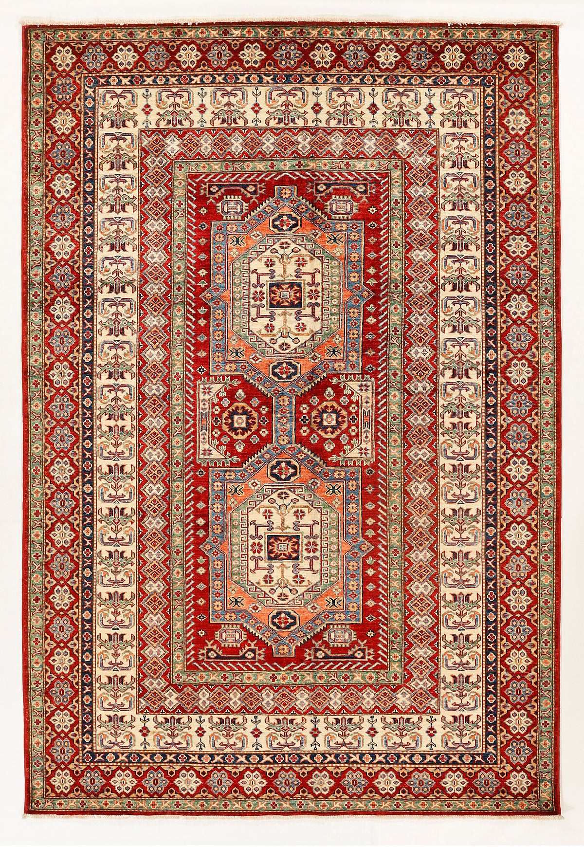 Handmade Red Kazak Wool Rug 5' 6" X 8' Large Medallion Pattern