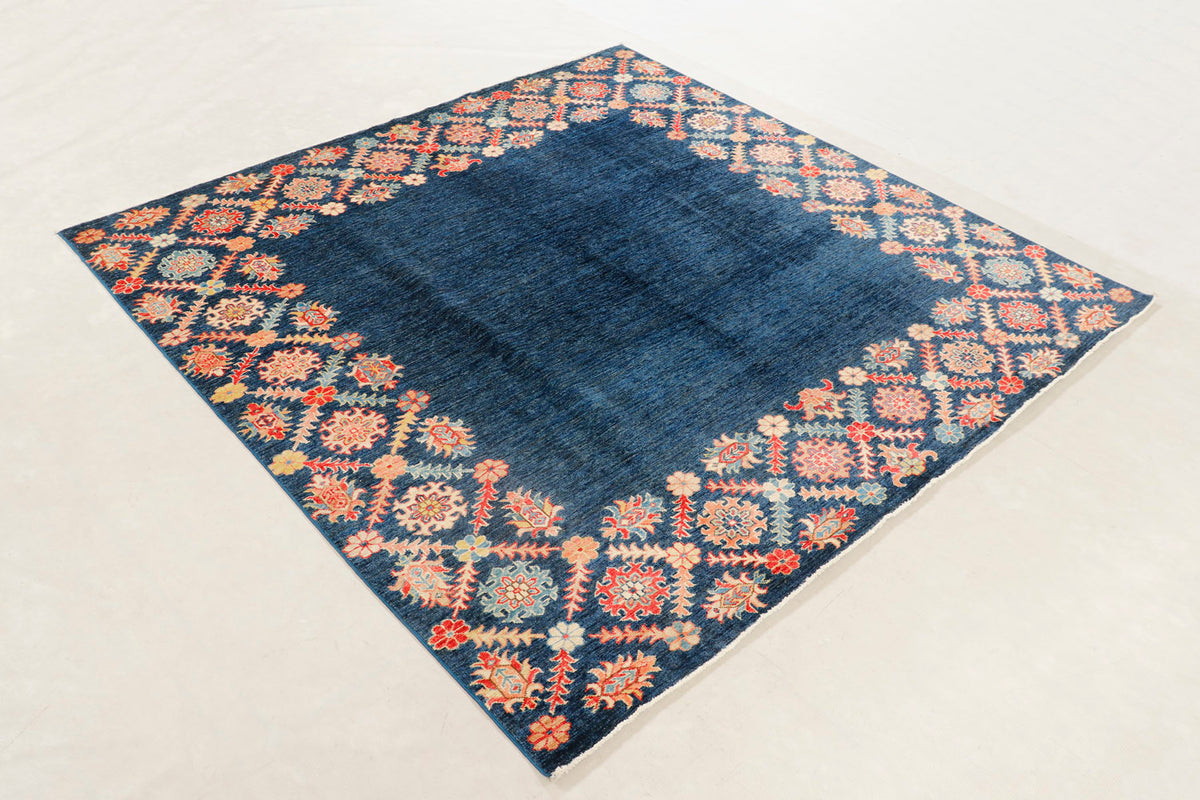 Traditional Blue Kazak Wool Hand Knotted Square Rug 6' 6" X 6' 6" Traditional Tribal Weave